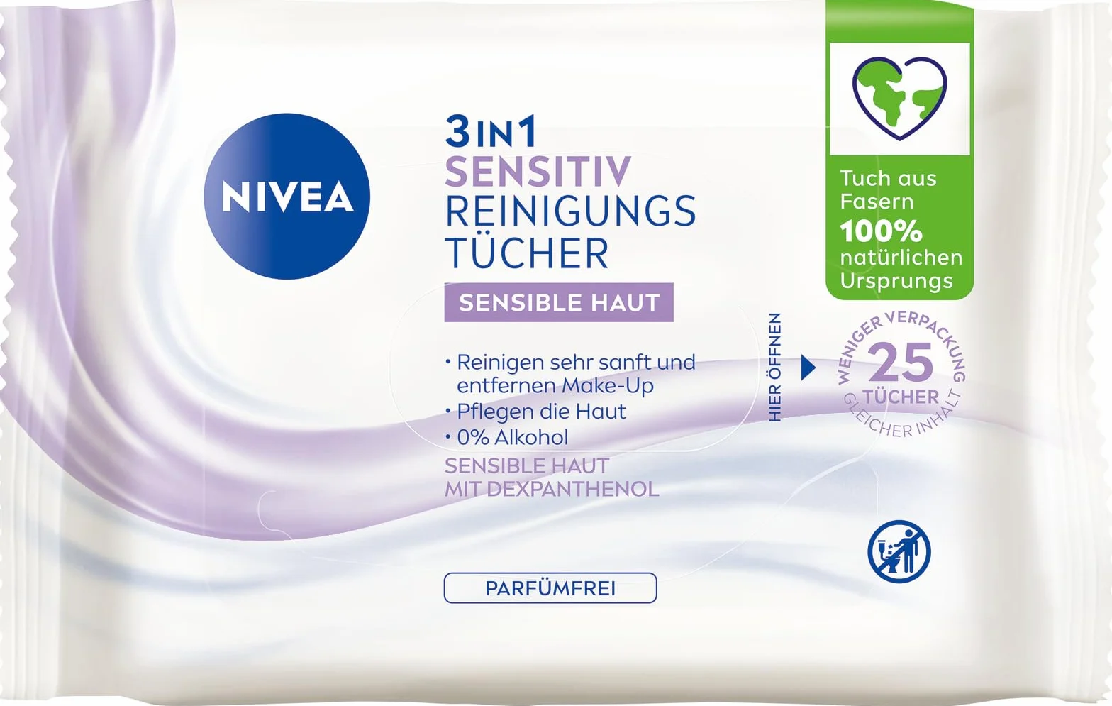 NIVEA 3 w 1 Sensitiv chusteczki czyszczące, łagodne chusteczki do czyszczenia twarzy z dekspantenolem, delikatne chusteczki do demakijażu dla szczególnie wrażliwej skóry, zawierające 0% alkoholu (25
