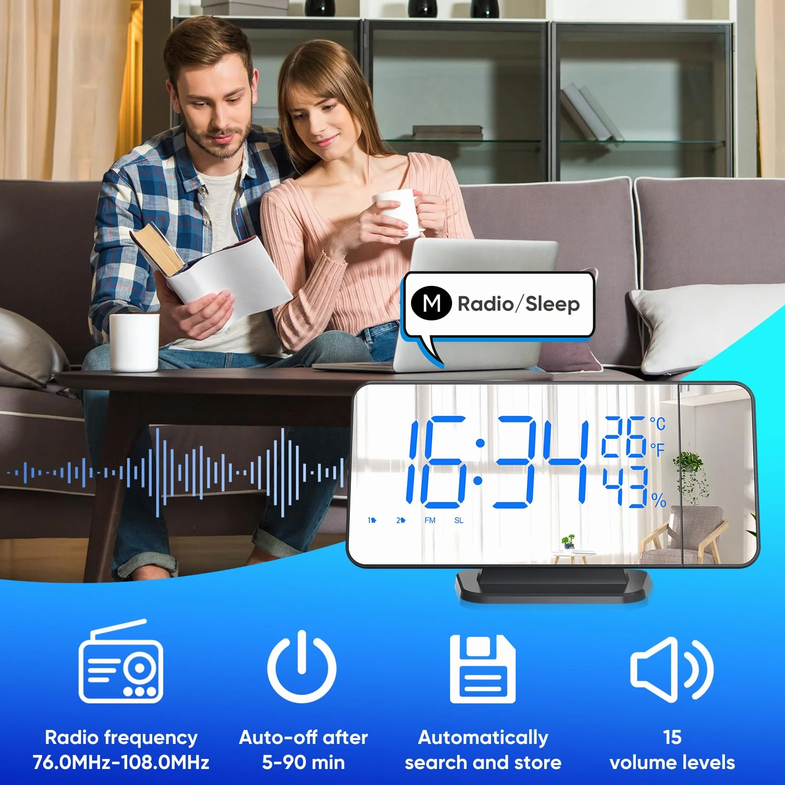 TAKRINK Budzik z projektorem, 4 poziomy jasności, podwójny alarm, USB 12/24 h