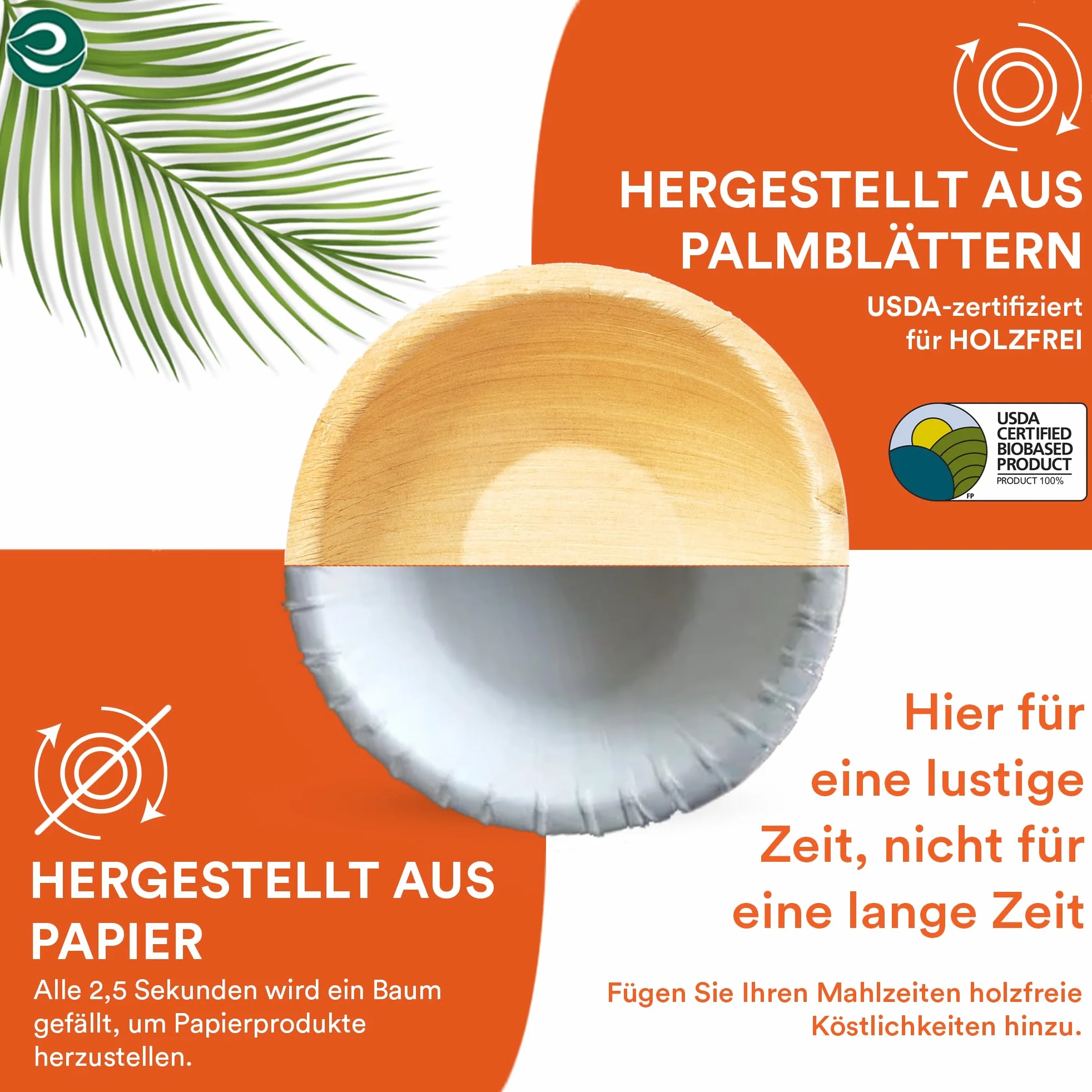 ECO SOUL 100% duże kompostowalne miski z liści palmowych 16 uncji [opakowanie 25] Jednorazowe miski deserowe w stylu bambusa I Odporna ekologicznie wytrzymała miska I 6 cali