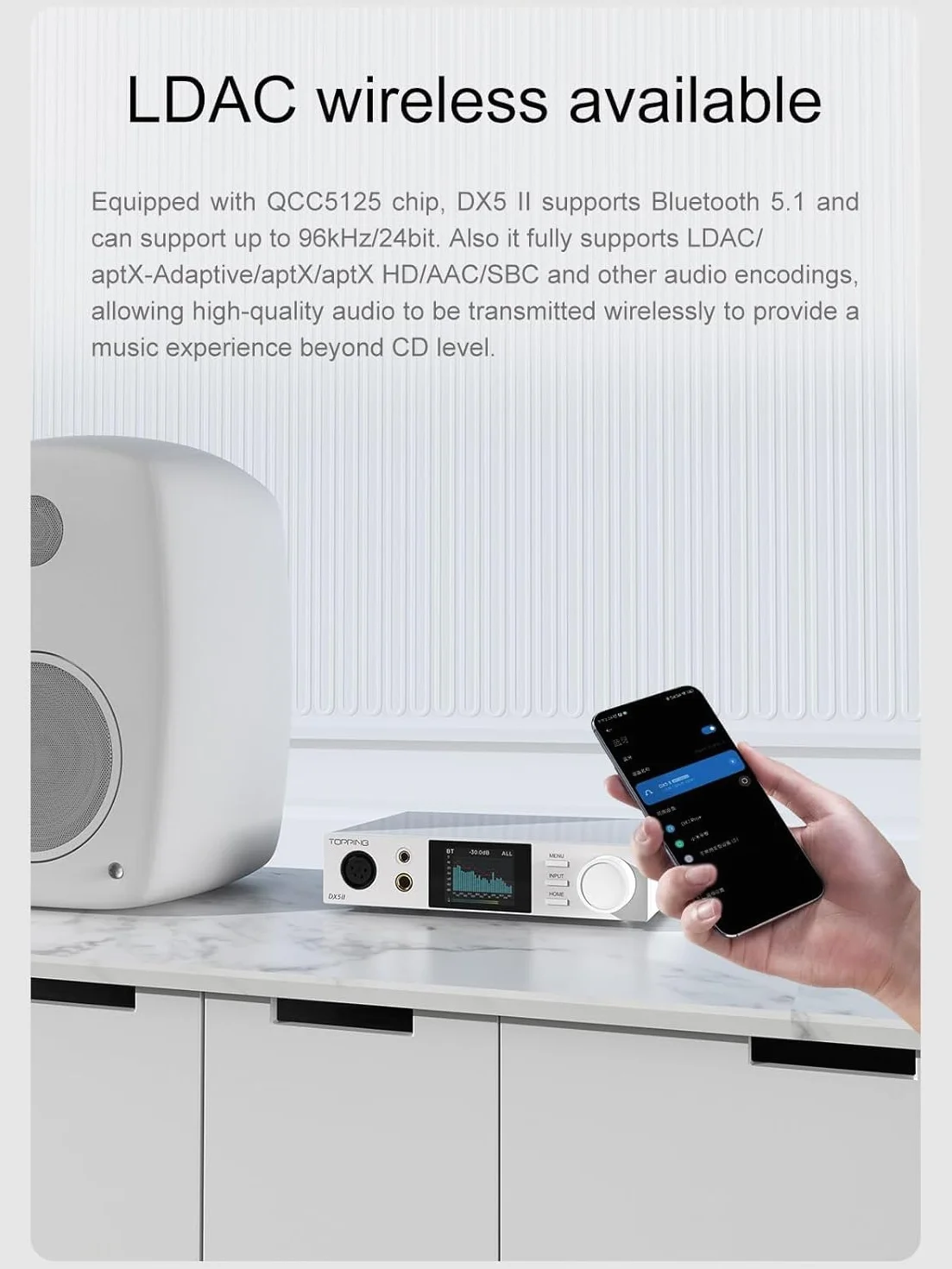 Topping DX5 II DAC wzmacniacz słuchawkowy z Bluetooth 5.1, chip DAC ES9039Q2M, wzmacnianie X-Hybrid, 10-pasmowy korektor dźwięku i symetryczne wyjścia, XMOS-USB, wysoka rozdzielczość, RC, biały