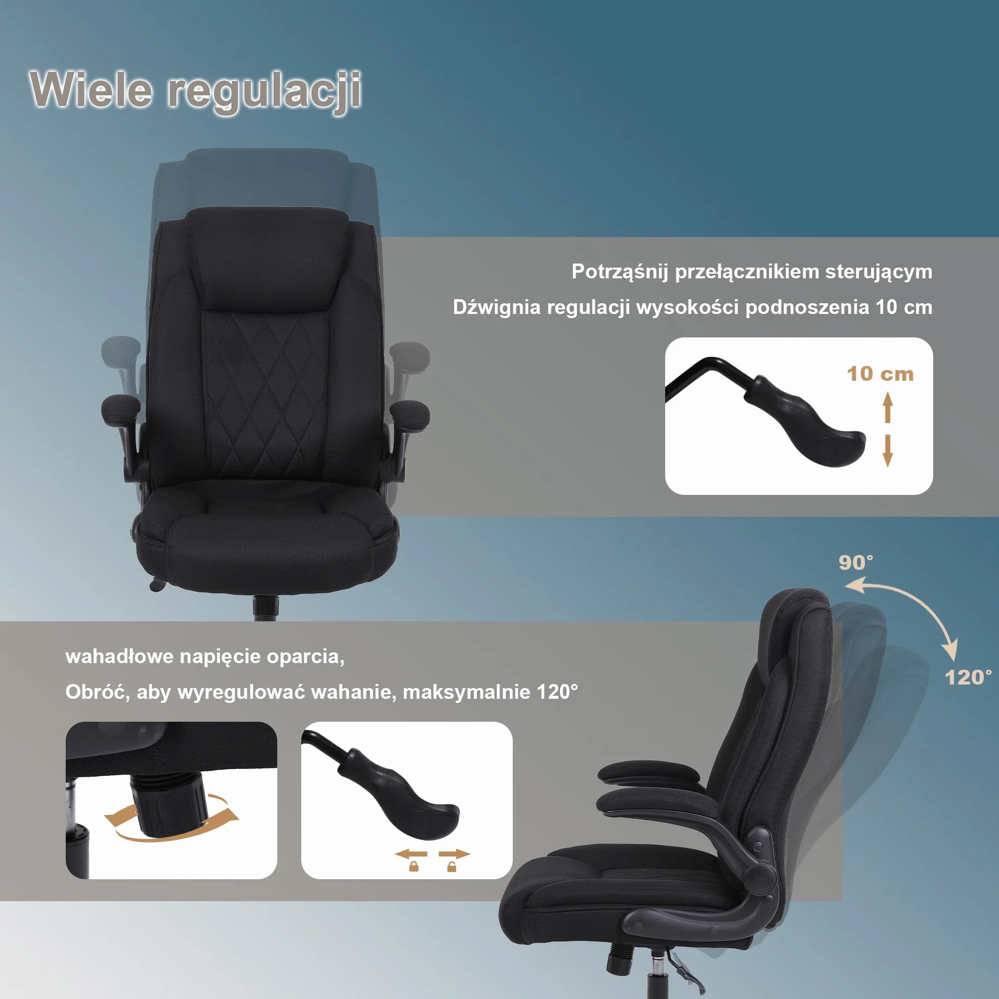 Ergonomiczne krzesło biurowe Flysky, krzesło biurowe z wysokim oparciem i regulacją wysokości, krzesło obrotowe z wygodnym zagłówkiem, krzesło wykonawcze do biura, czarne