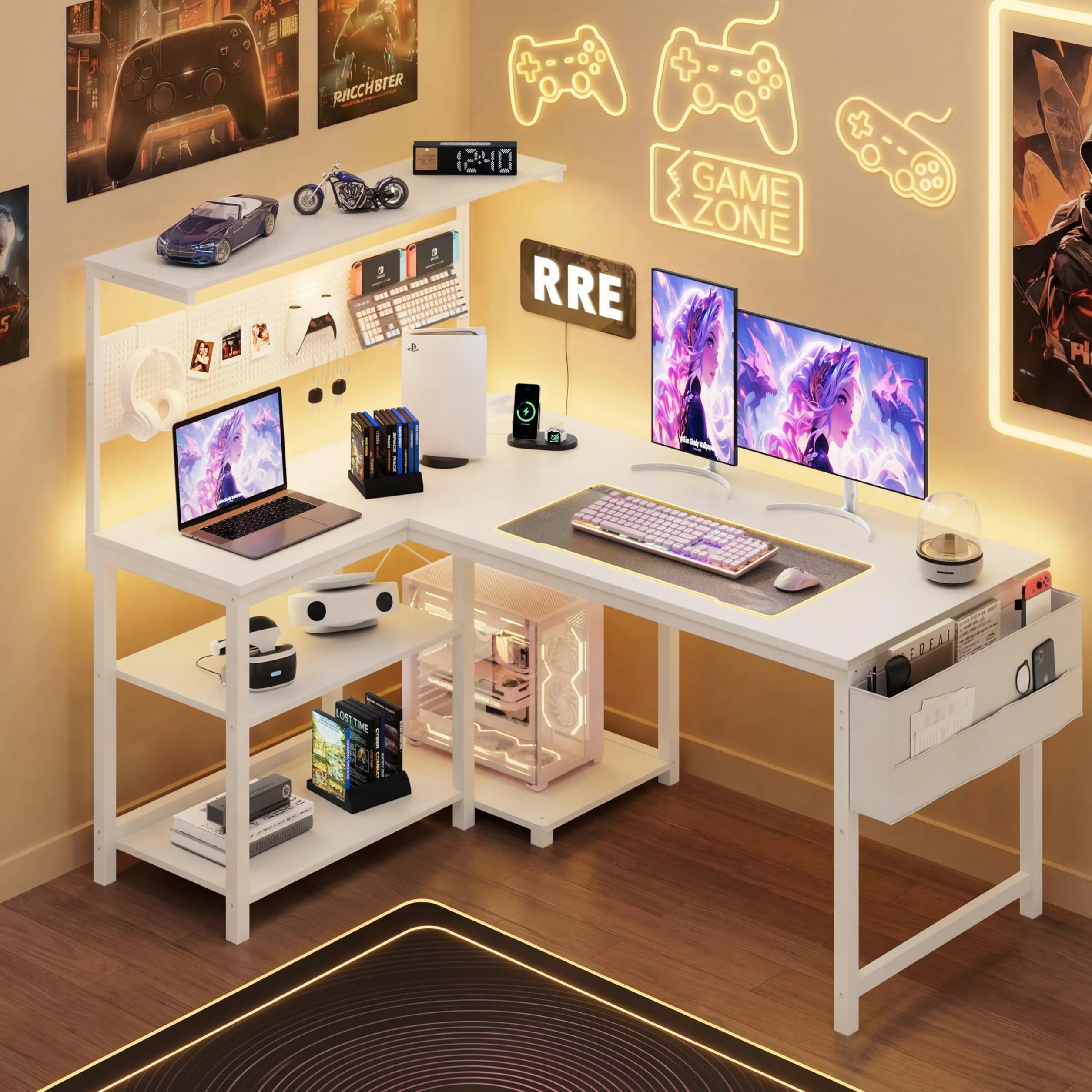 YOUDENOVA Biurko gamingowe w kształcie litery L z diodami LED, gniazdkiem i wejściem USB, dwustronne biurko narożne z regałem i ścianką perforowaną, 120 x 80 cm, biurko komputerowe z miejscem do