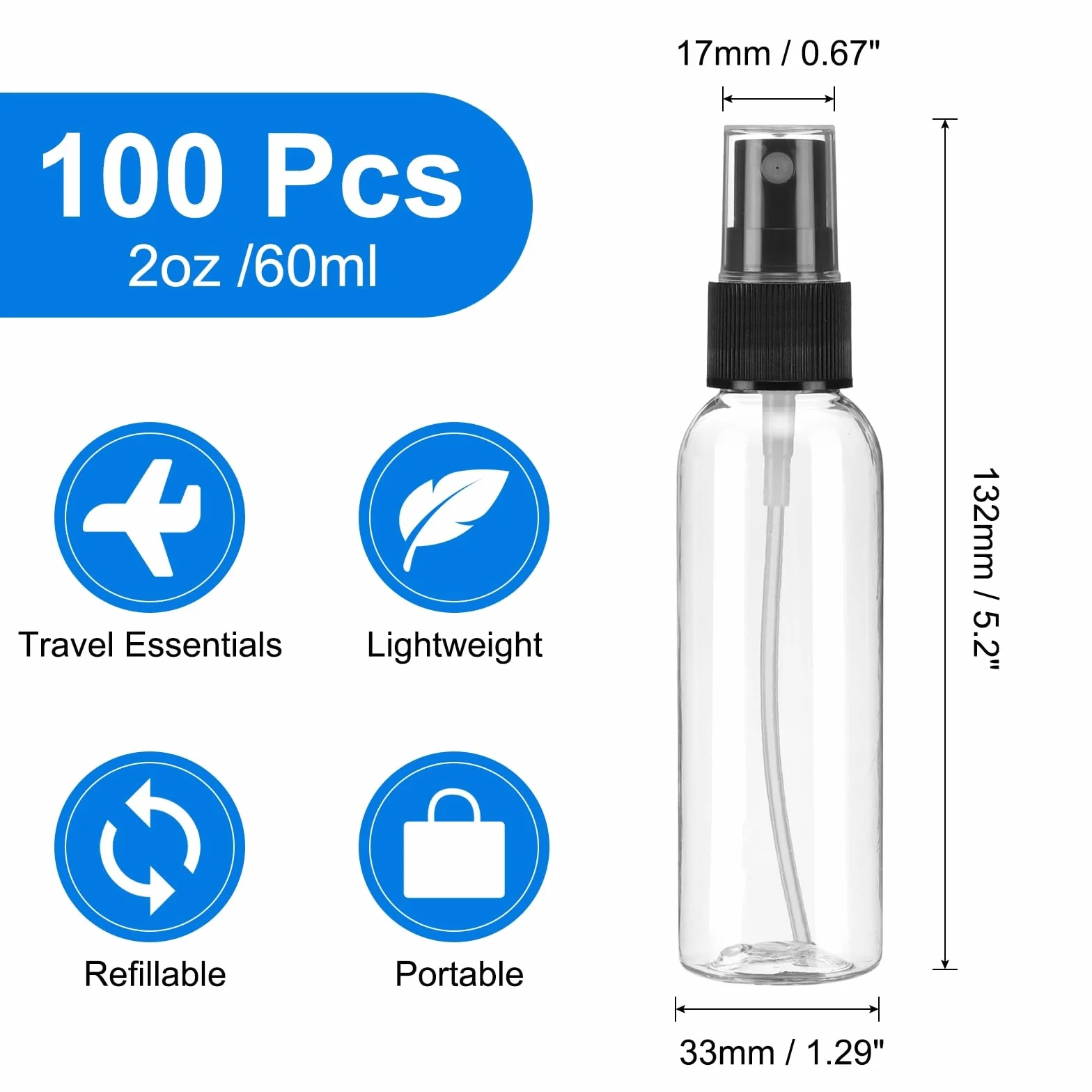 QUARKZMAN 100 sztuk butelek z rozpylaczem, 60 ml, przezroczyste, puste, plastikowe, plastikowe, miniaturowe butelki podróżne, zestaw małych pojemników na płyny, do użytku domowego (przezroczyste