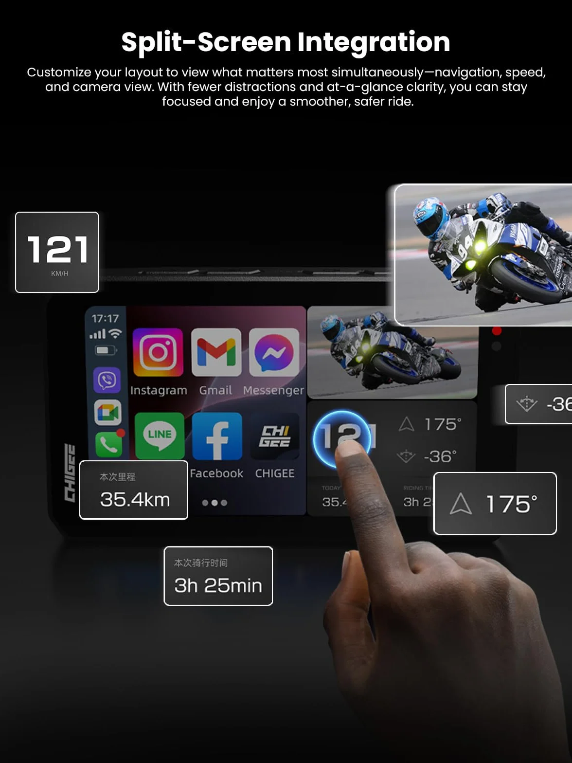 CHIGEE AIO-5 Evo 5" motocykl Carplay System nawigacji GPS z bezprzewodową funkcją CarPlay i Android Auto, podwójny aparat 1080p, wykrywanie punktu w ciemno, sterowanie kamerą akcji, wodoodporność
