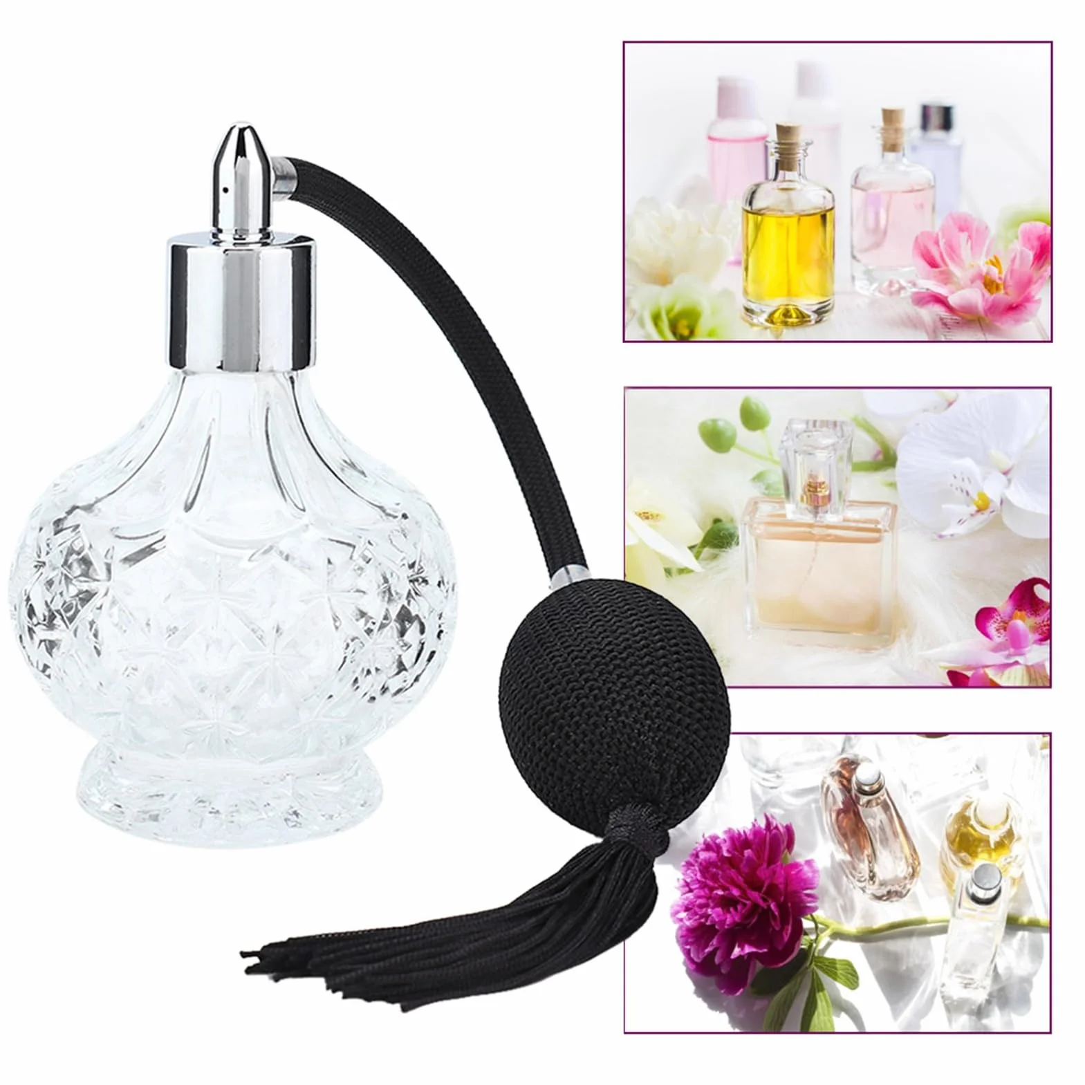 Ymiko Butelka perfum Vintage z frędzlami wielokrotnego napełniania z pompką z rozpylaczem, szkło, 80 ml