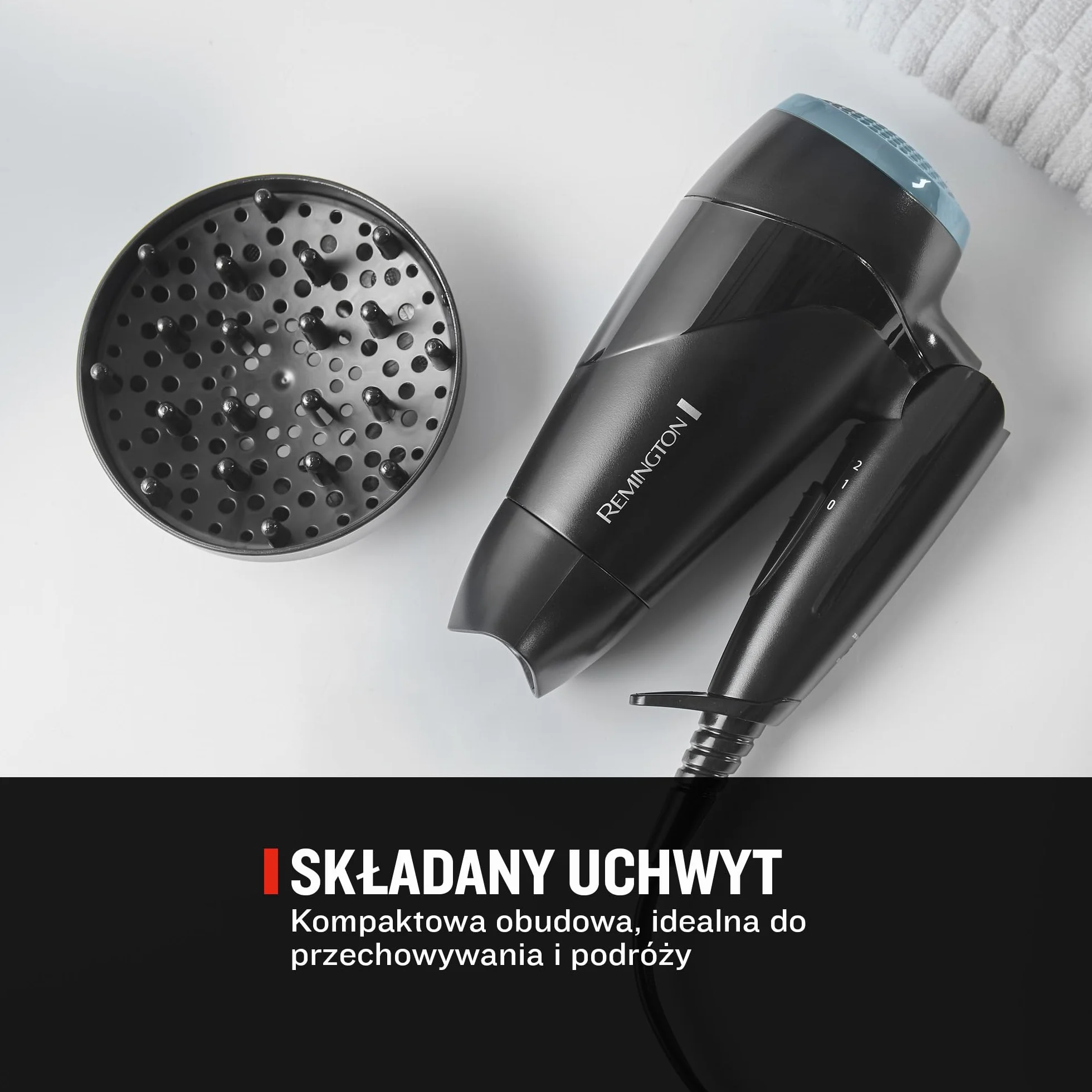 Remington suszarka do włosów turystyczna, podróżna, kompaktowa, ze składaną rączką, 2 ust. nagrzewania i 2 ust. nawiewu, koncentrator i dyfuzor, łatwa w czyszczeniu, moc 2000W, czarna, On The Go D1500