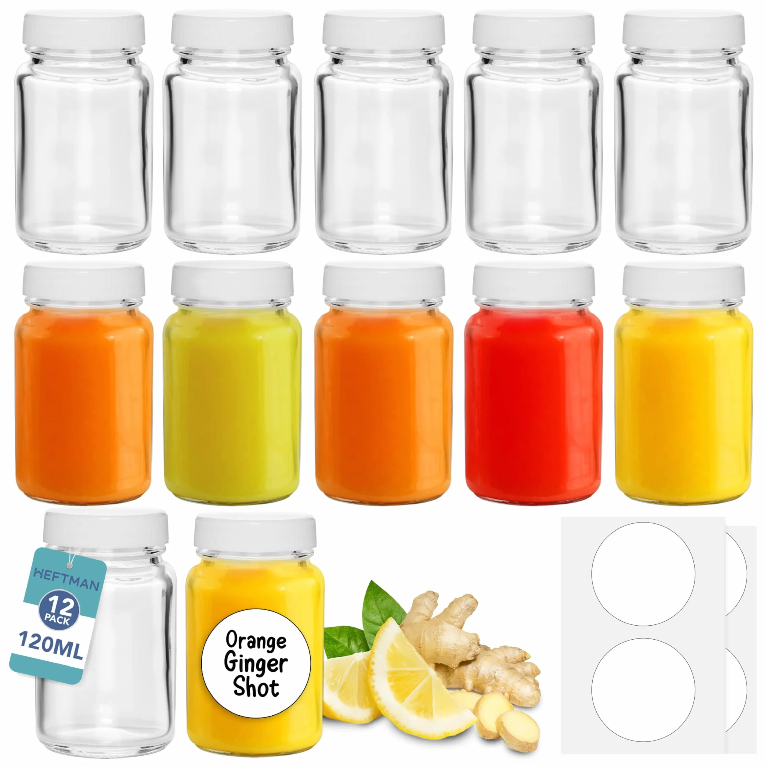 HEFTMAN butelki szklane do alkoholu z pokrywkami, 120 ml, z szczoteczką do czyszczenia i etykietami, wielokrotnego użytku butelki do imbiru, puste, przezroczyste, hermetyczne, butelki na sok, oleje