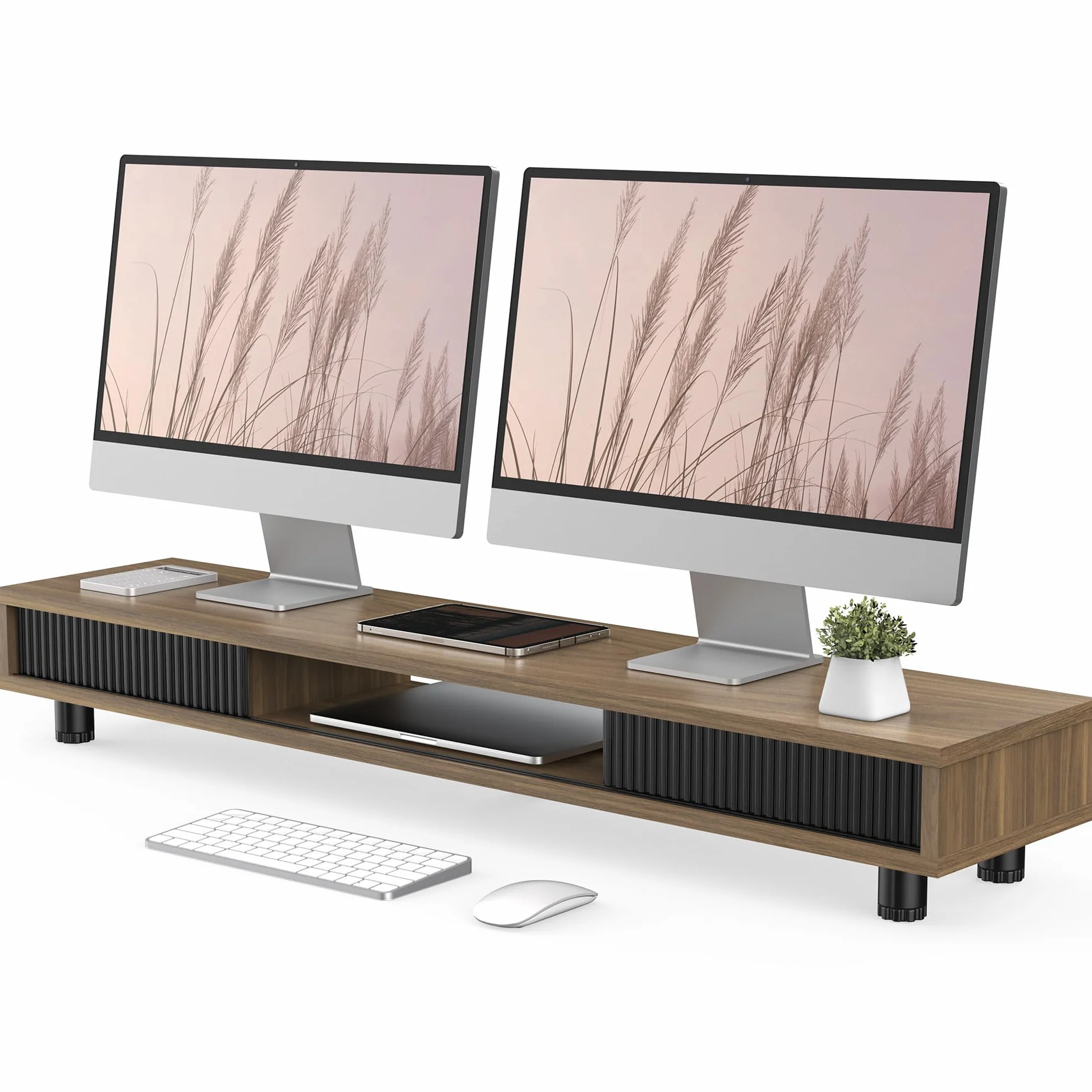 Fenge Podstawka pod monitor z przesuwanymi szklanymi drzwiami, 108 cm, duży stojak na komputer na 2 monitory, PC, laptopa, drukarkę, telewizor, domowe biuro, organizer na biurko (brązowy)