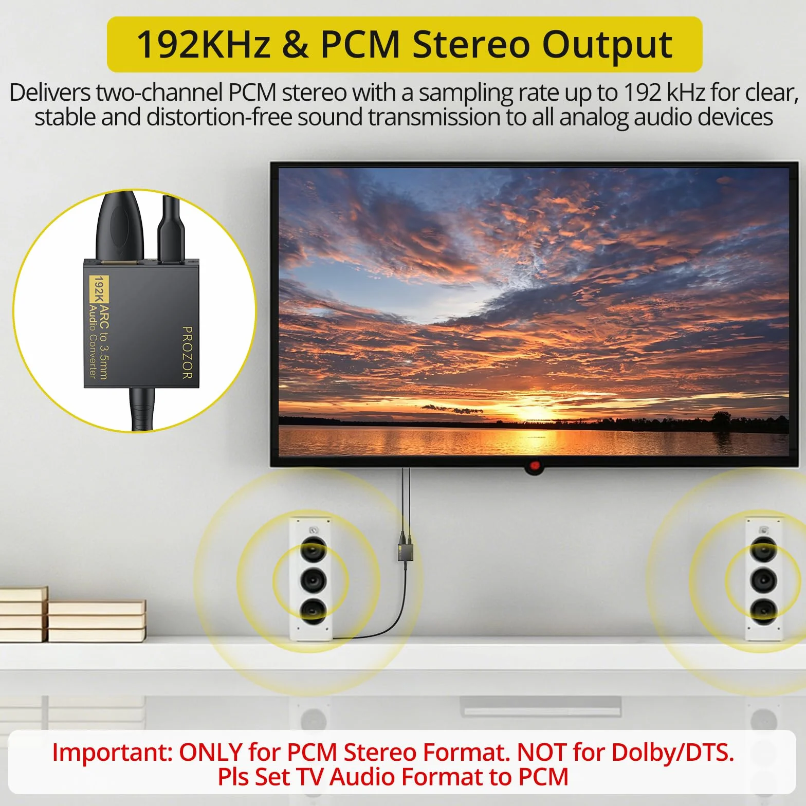 PROZOR eARC/ARC HDMI na 3,5 mm konwerter audio stereo obsługuje PCM 192 kHz do telewizora, wzmacniacza, słuchawek, głośników