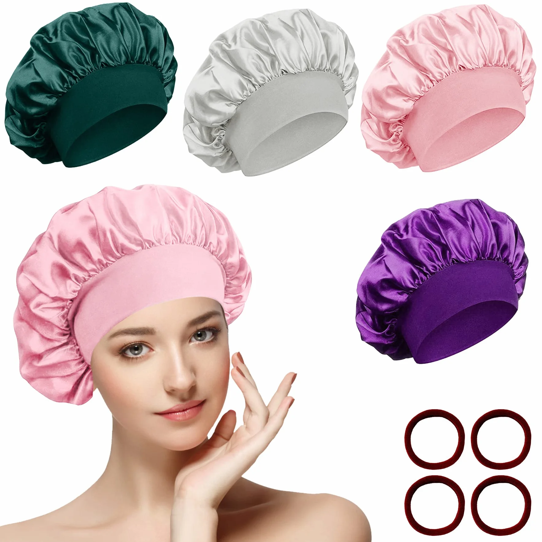 4 Stück Satin Haarhaube Nacht Schlafhaube mit 4er Elastische Haargummis, Verstellbare Schlafmütze Satin Bonnet Nachtmütze Haube Duschhaube Schlafkappe Seidenhaube für Damen und Mädchen