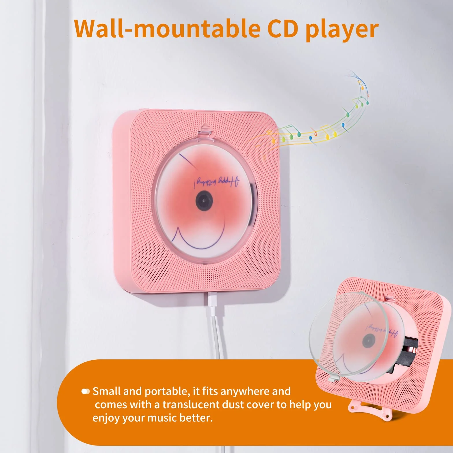 Yintiny Uroczy różowy odtwarzacz CD z Bluetooth 5.0, ładowalny, do dekoracji wnętrz, przenośny, piękny, pilot zdalnego sterowania, wejście AUX i USB