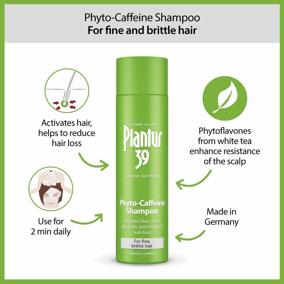 Plantur 39 Phyto-Caffeine szampon 1 x 250 ml, szampon Plantur 39 kofeina zapobiega parom kobiet Zapobiega wypadaniu i zmniejsza wypadanie cienkich i łamliwych włosów
