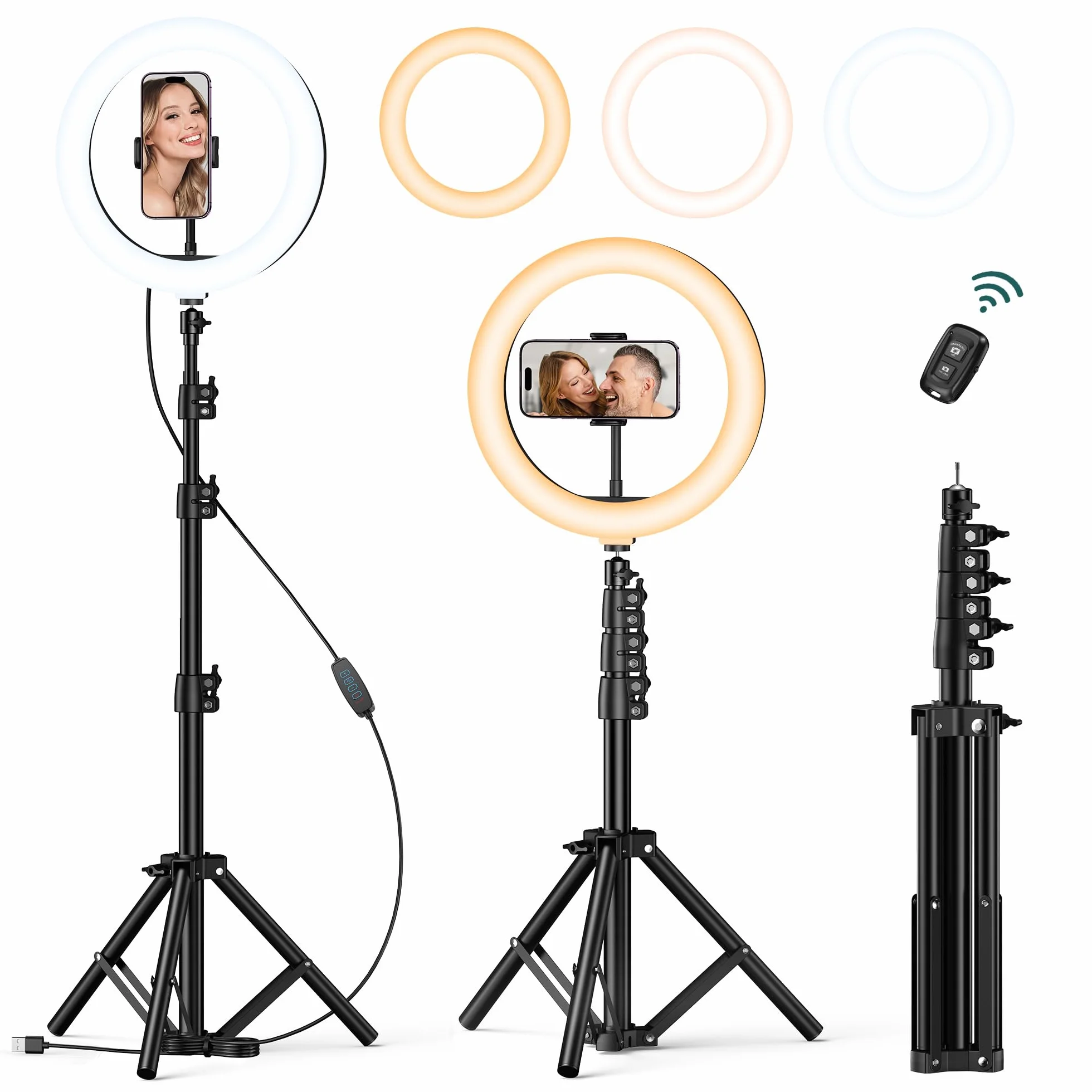 ATUMTEK Lampa pierścieniowa do selfie 25 cm z wysuwanym statywem o długości 140 cm, z uchwytem na telefon i pilotem Bluetooth, do streamowania, platform TikTok, Zoom, YouTube, vlogowania itp.