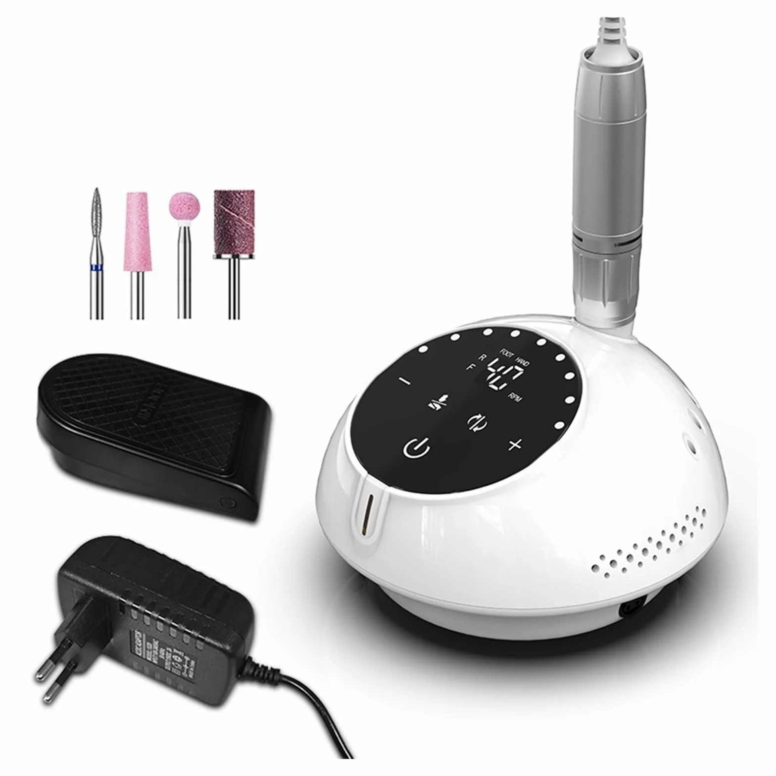 Obcinacz do paznokci, 40000RPM elektryczna wiertarka do paznokci maszyna do manicure do paznokci, Pedicure z ekranem dotykowym, sprzęt do zdobienia paznokci, zestaw frezów do paznokci(Wit)
