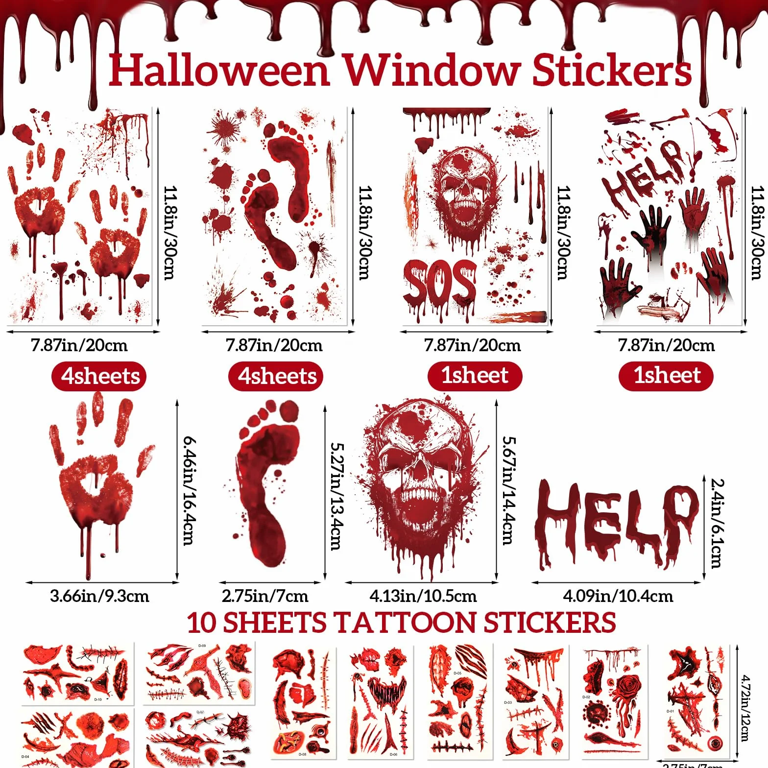 Halloween naklejki okienne krwawy odcisk dłoni 10 arkuszy zombie dekoracja