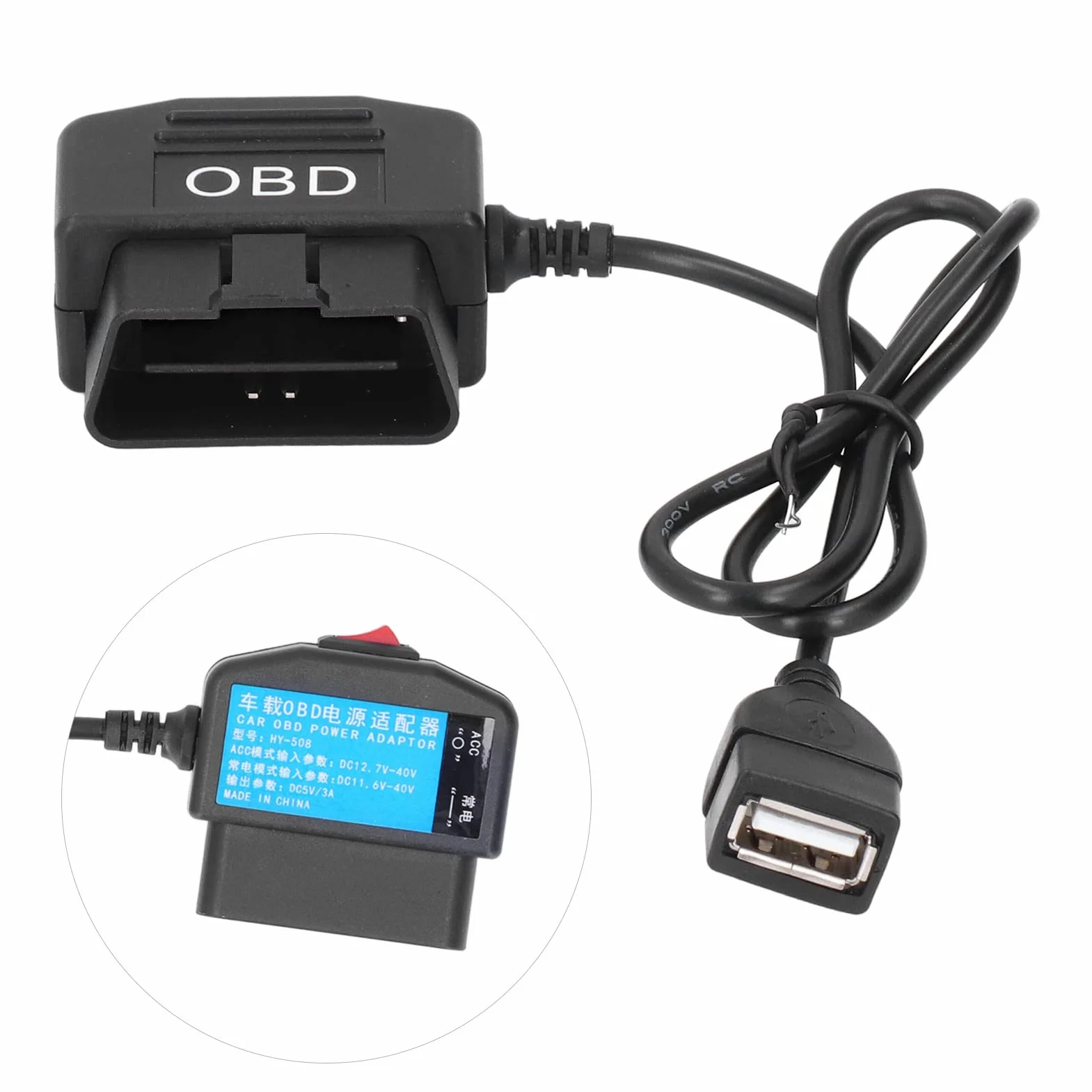 Zasilaj kamerę samochodową lub ładuj Telefon za pomocą Kabla Zasilacza OBD o Długości 48 Cm/18,9 cala. Ten Kabel Jest Wyposażony w Przycisk Przełącznika Umożliwiający Wygodne
