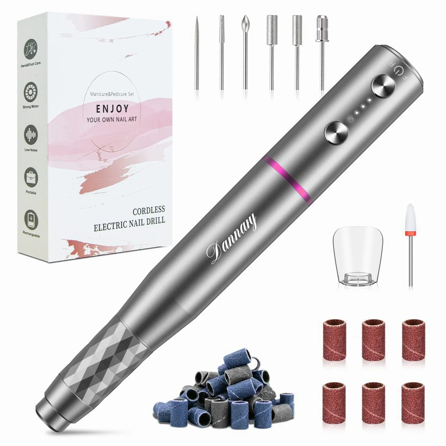 Elektryczna wiertarka do paznokci, profesjonalna, bezprzewodowa, elektryczna pilnik do paznokci akrylowych, zestaw do manicure i pedicure do szlifowania, polerowania, przycinania (kolor szary)