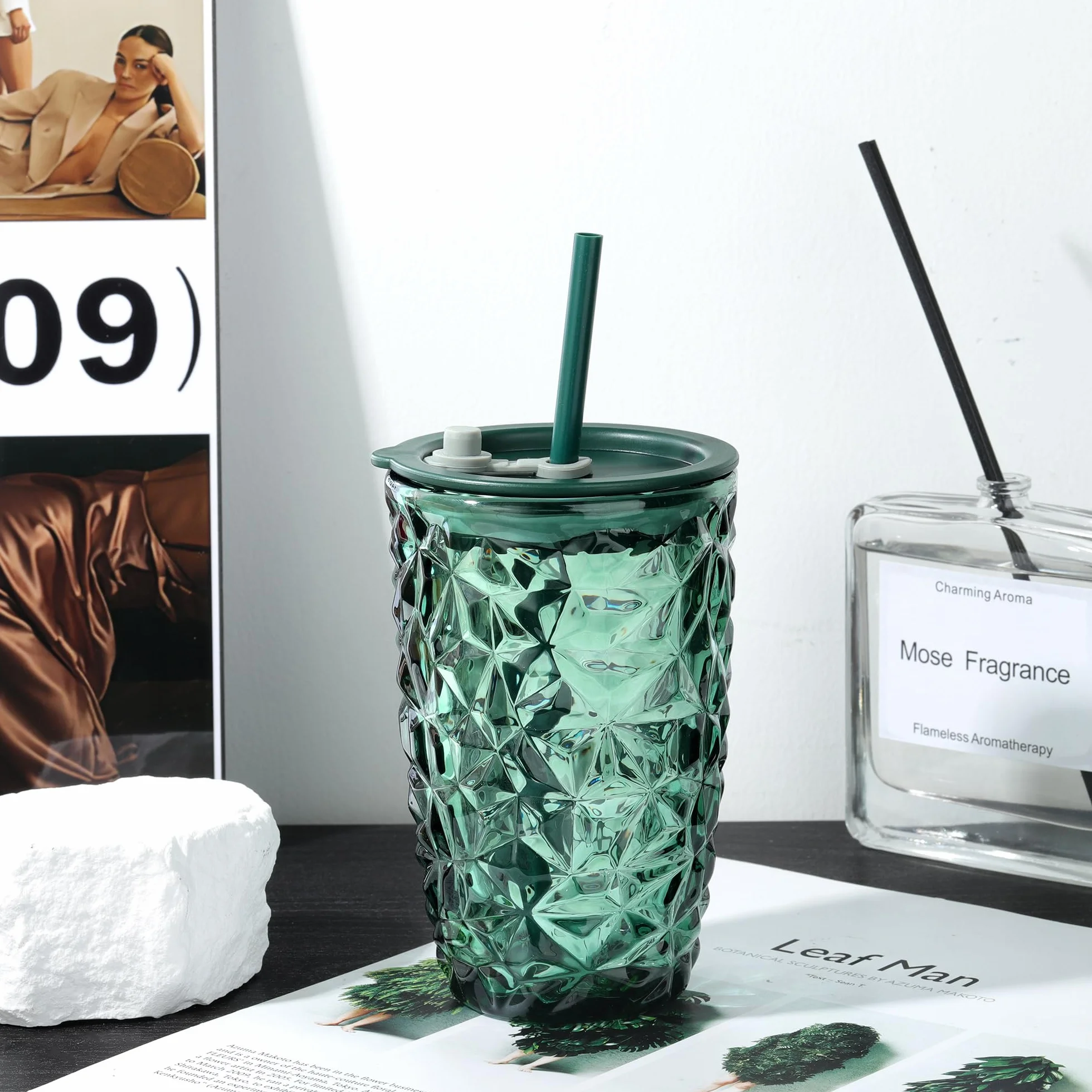 Joeyan Zielone kubki do picia 430 ml, z pokrywką i słomką, szklanka do herbaty bąbelkowej z diamentowym wzorem, szklanki do mrożonej kawy, smoothie, sok Boba, zestaw 2 szt., nadają się do mycia w