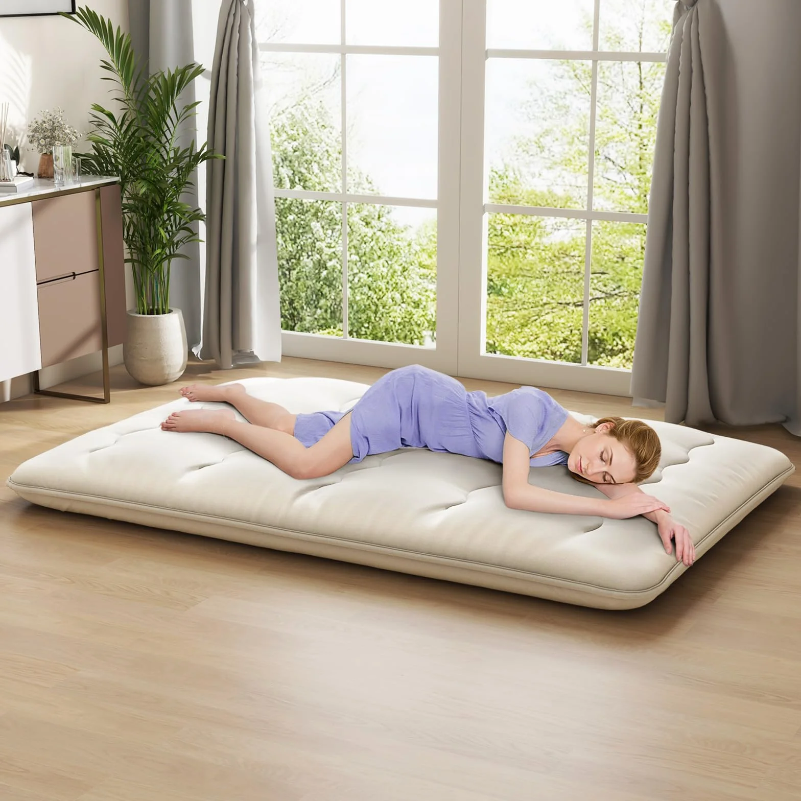 GOPLUS Materac podłogowy tatami futon z pokrowcem do prania, materac tatami z torbą do przenoszenia, materac kempingowy, wyściełany materac do sypialni, salonu i na kemping (beżowy, 200 x 140 cm)