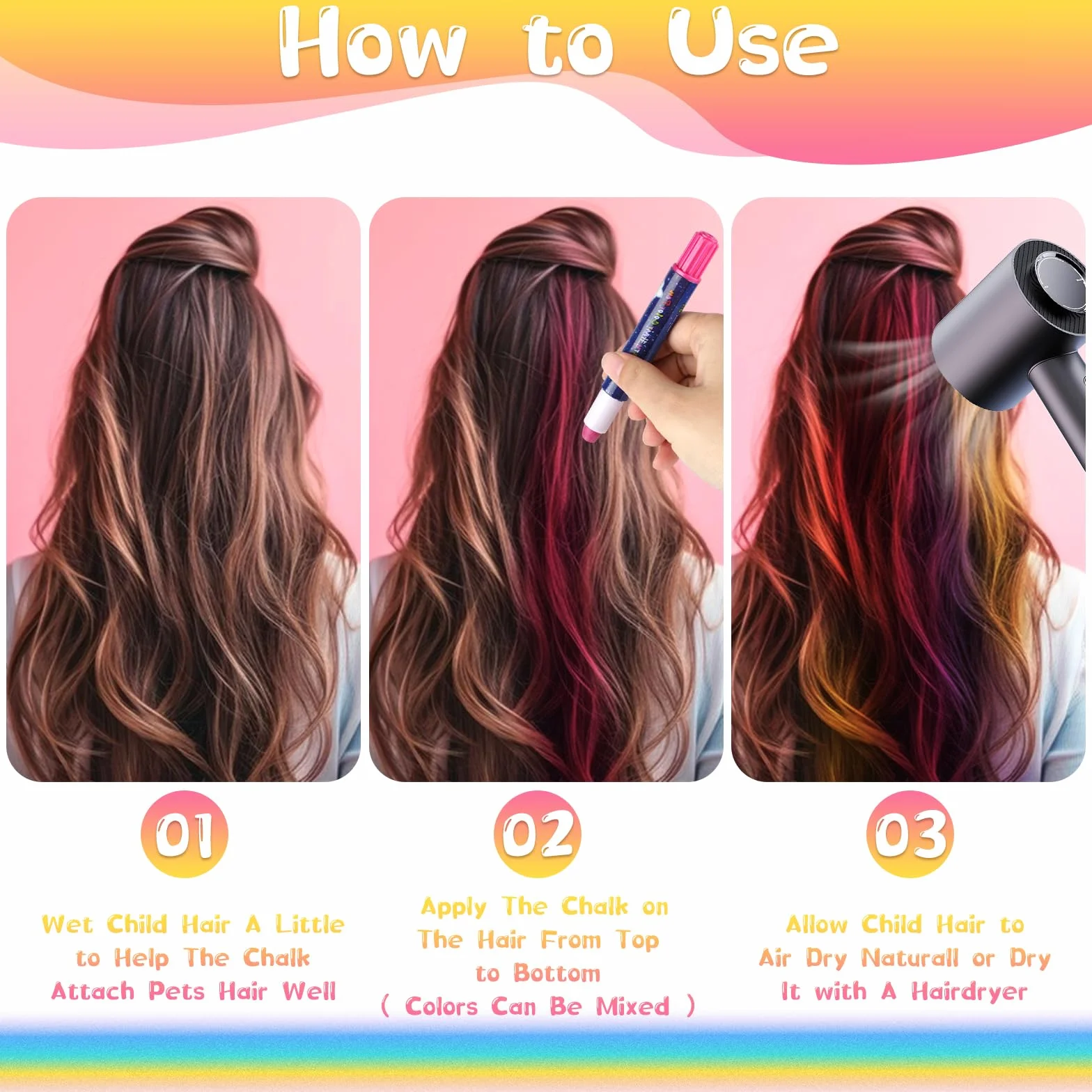 Kreda do włosów dla dzieci Hair Chalk 10 kolorów nietoksyczna zmywalna z grzebieniem i butelką