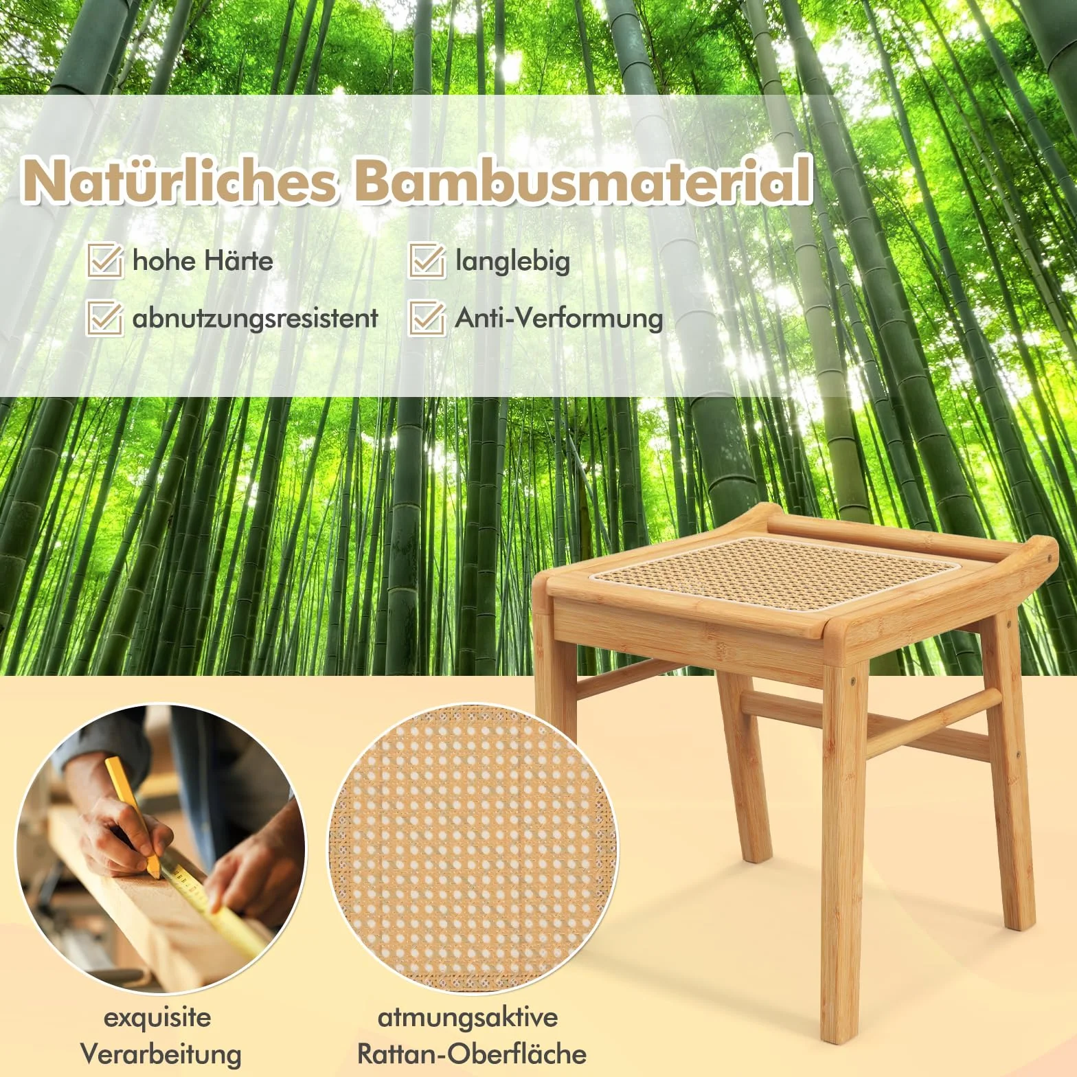 COSTWAY Taboret do siedzenia z bambusa, obciążenie do 120 kg, rattanowy, do garderoby