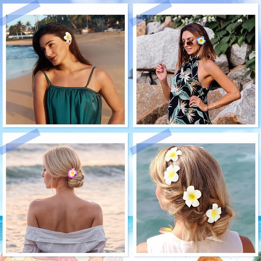 12 sztuk spinek do włosów z kwiatami, Hawajskie spinki do włosów Plumeria Hawajskie, Plumeria, tropikalne Boho, antypoślizgowe akcesoria do włosów dla dziewcząt i kobiet