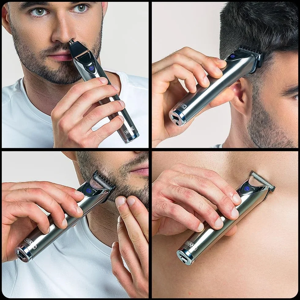 WAHL Stainless Steel Washable Multigroomer, Trymer do Brody i Zarostu, Przycinanie Włosów w Domu, Trymer do Nosa i Uszu, Zestaw do Pielęgnacji dla Mężczyzn, W pełni zmywalny, Bezprzewodowy