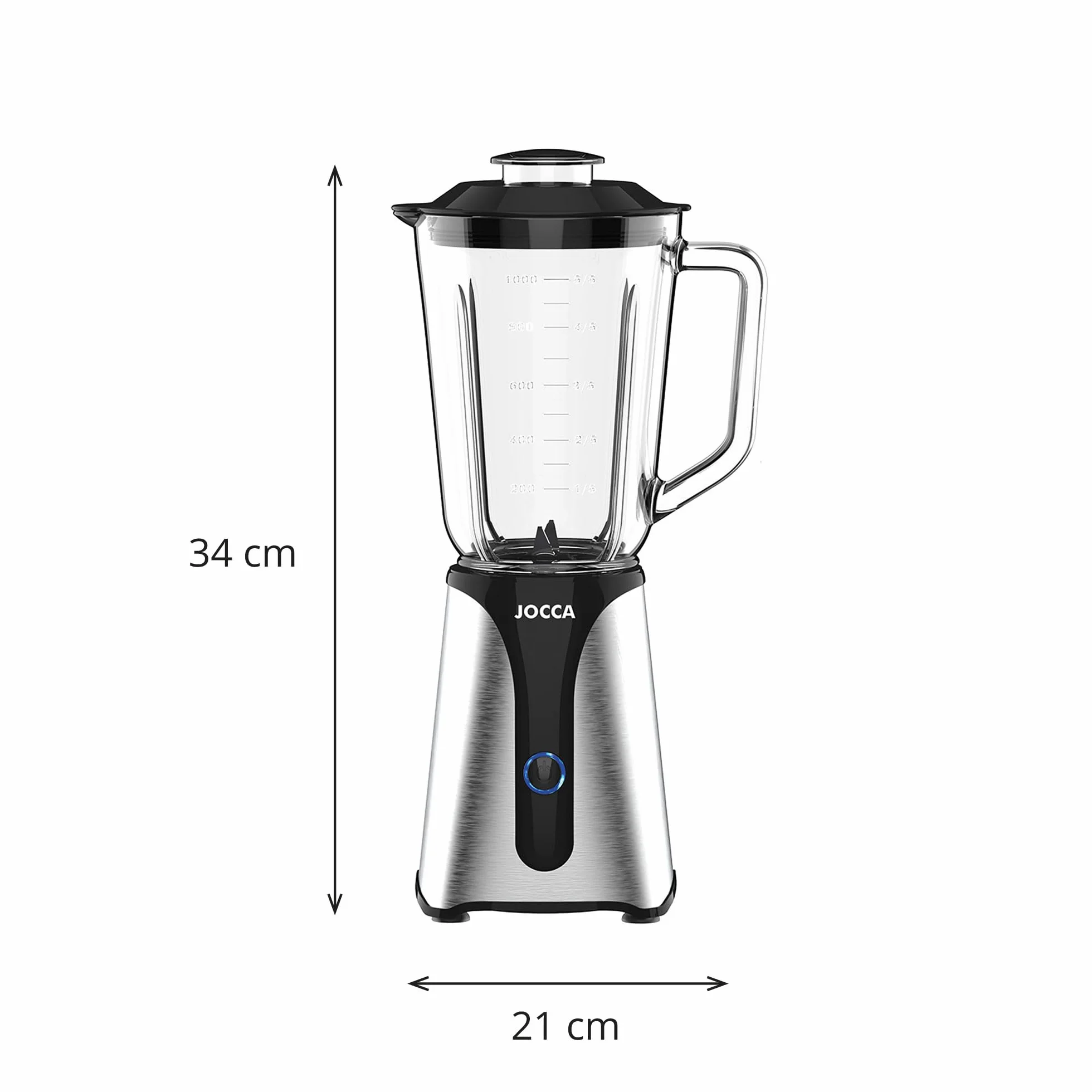 JOCCA - Mikser szklany z butelką podróżną/moc 350 W, blender/dzbanek 1L i butelka 600 Ml/światło LED, zdejmowana pokrywa, ostrza ze stali nierdzewnej (dzbanek + butelka 350 W)