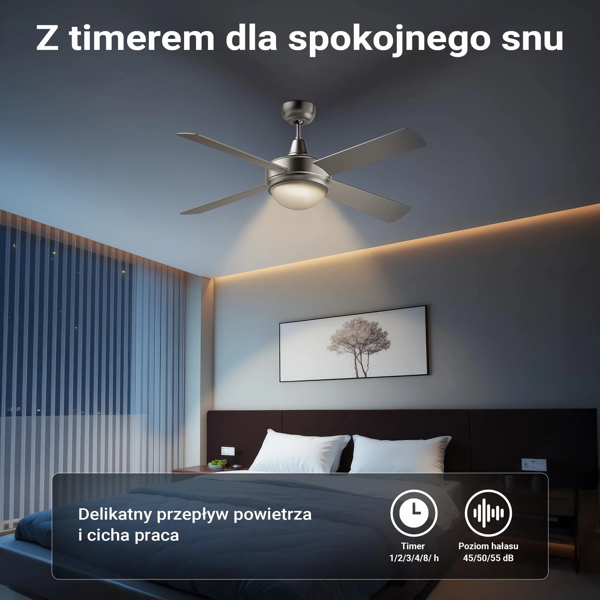 Wiltec Wentylator sufitowy Ø 130 cm z lampą 65 W pilot timer 4 łopatki 3 prędkości tryb letni zimowy