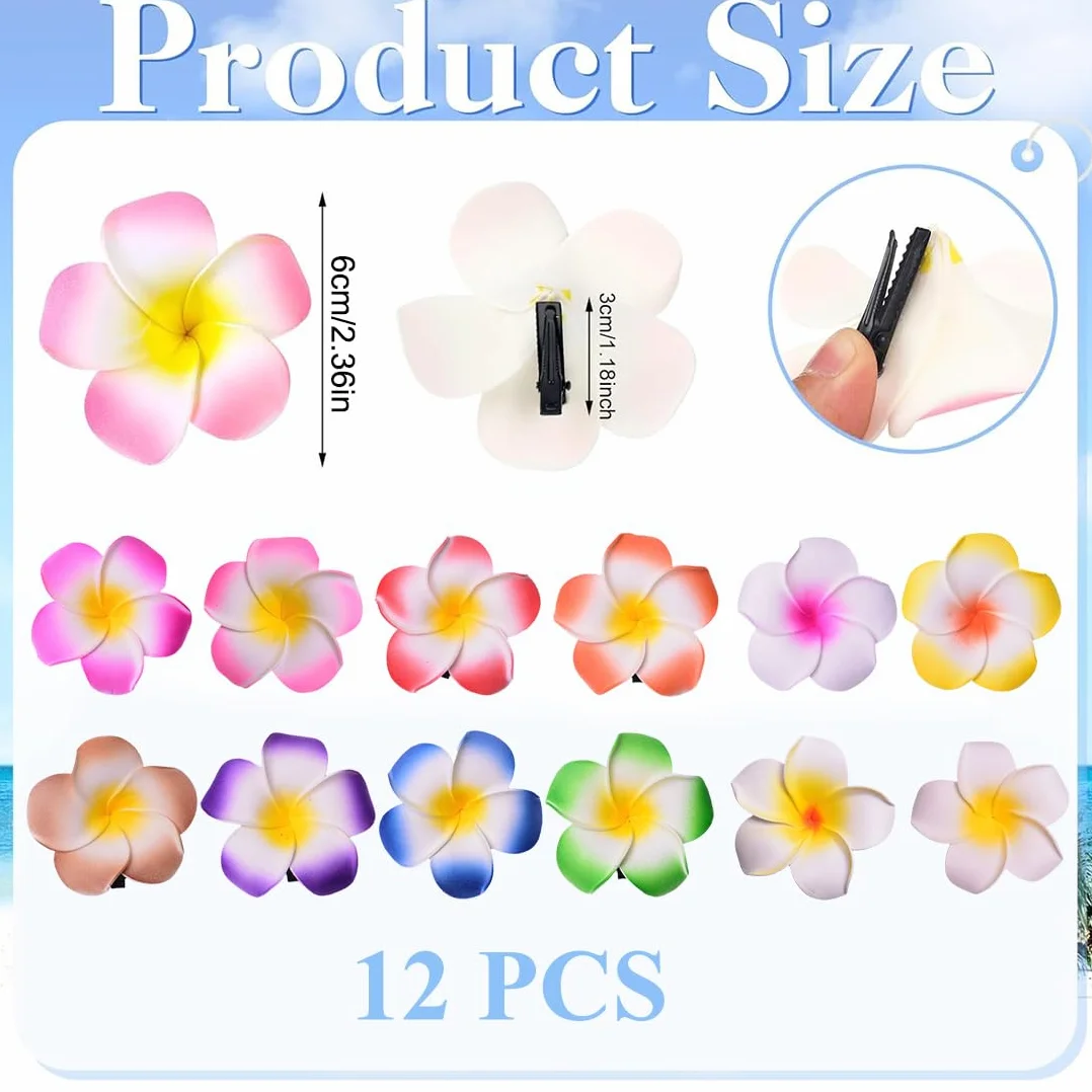 12 sztuk spinek do włosów z kwiatami, Hawajskie spinki do włosów Plumeria Hawajskie, Plumeria, tropikalne Boho, antypoślizgowe akcesoria do włosów dla dziewcząt i kobiet