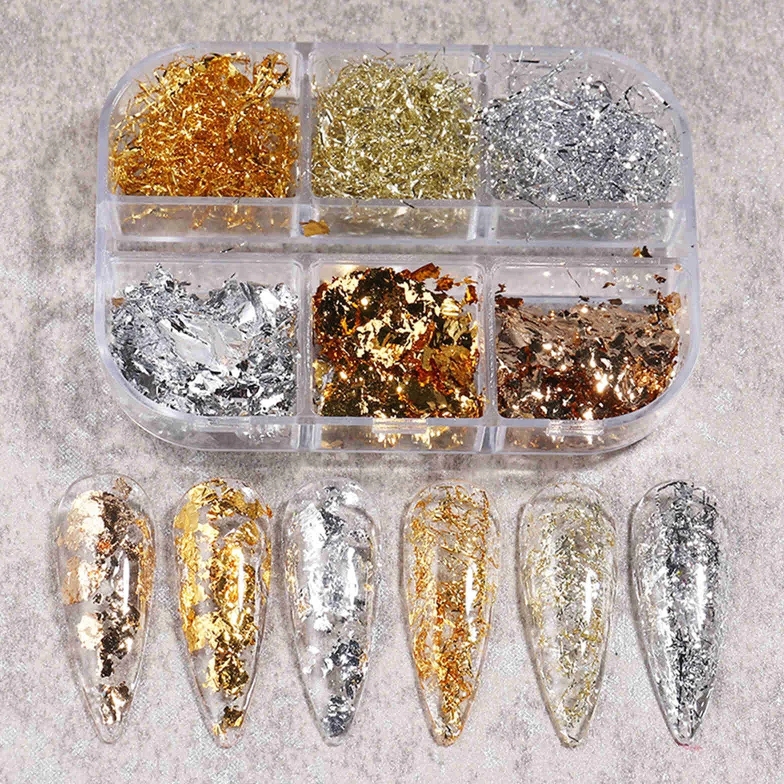 Brokat Złoty Liść Płatki Holograficzne Nail Art - 2 Szt. Papier Foliowy, Mieszanka Liści Srebrny Miedź