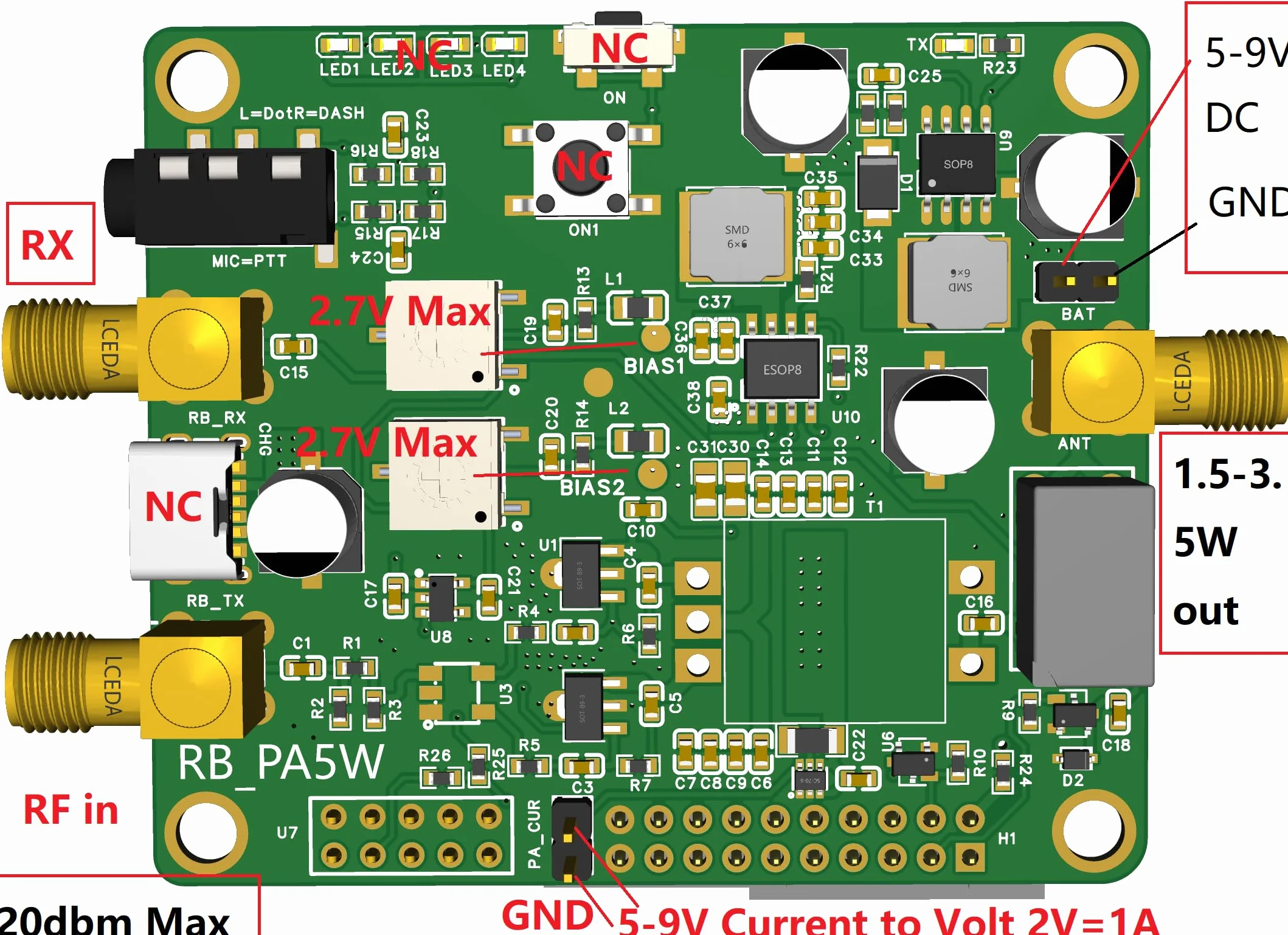 AURSINC Płyta przedwzmacniacza radiowego, dodatek do konwersji radia w małe radio QRP, wyjście 1,5 W do 3 W dla wzmacniacza mocy o wysokiej częstotliwości (10 W-100 W PA)