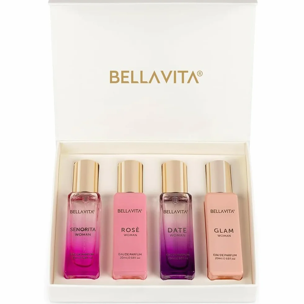 BellaVita Luksusowy zestaw upominkowy dla kobiet (4 x 20 ml) | DATA, SENORITA, GLAM, ROSE | Sweet Floral, Musk & Vanilla Perfume | Cologne Pheromone Perfume for Women | Zestaw upominkowy dla kobiet |