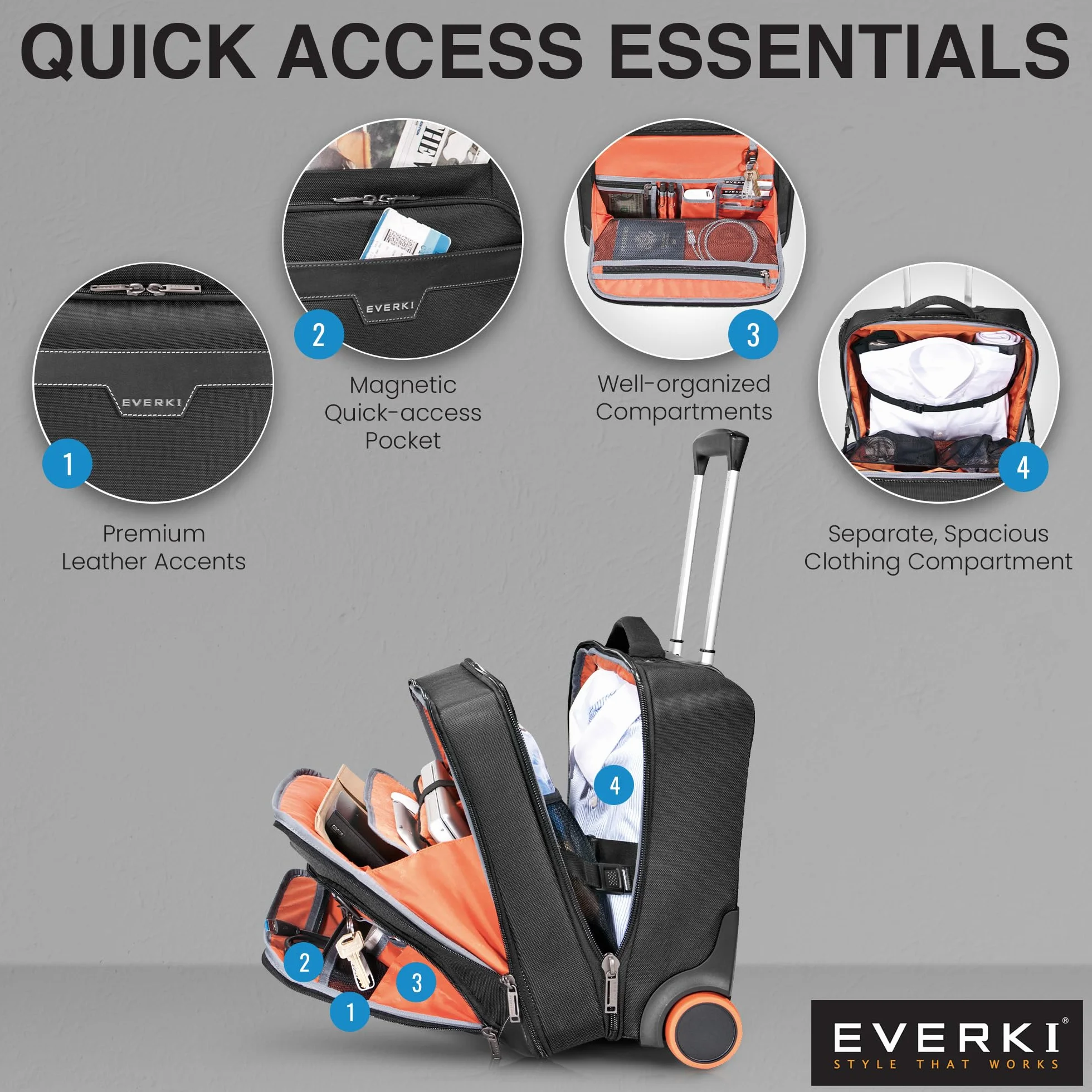 Everki 90981 Journey – wózek na laptopa – aktówka na kółkach 28 cm do 40.6 cm z możliwością dostosowania, Czarny, Geräte von 11 bis 16 Zoll, aktówka na laptopa