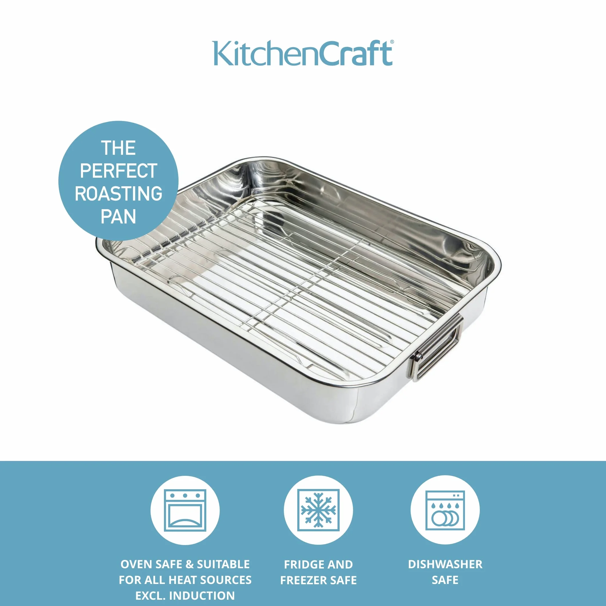 KitchenCraft Duża Brytfanna z Rusztem, Stal Nierdzewna, 43 × 31 cm - Kolor Srebrny