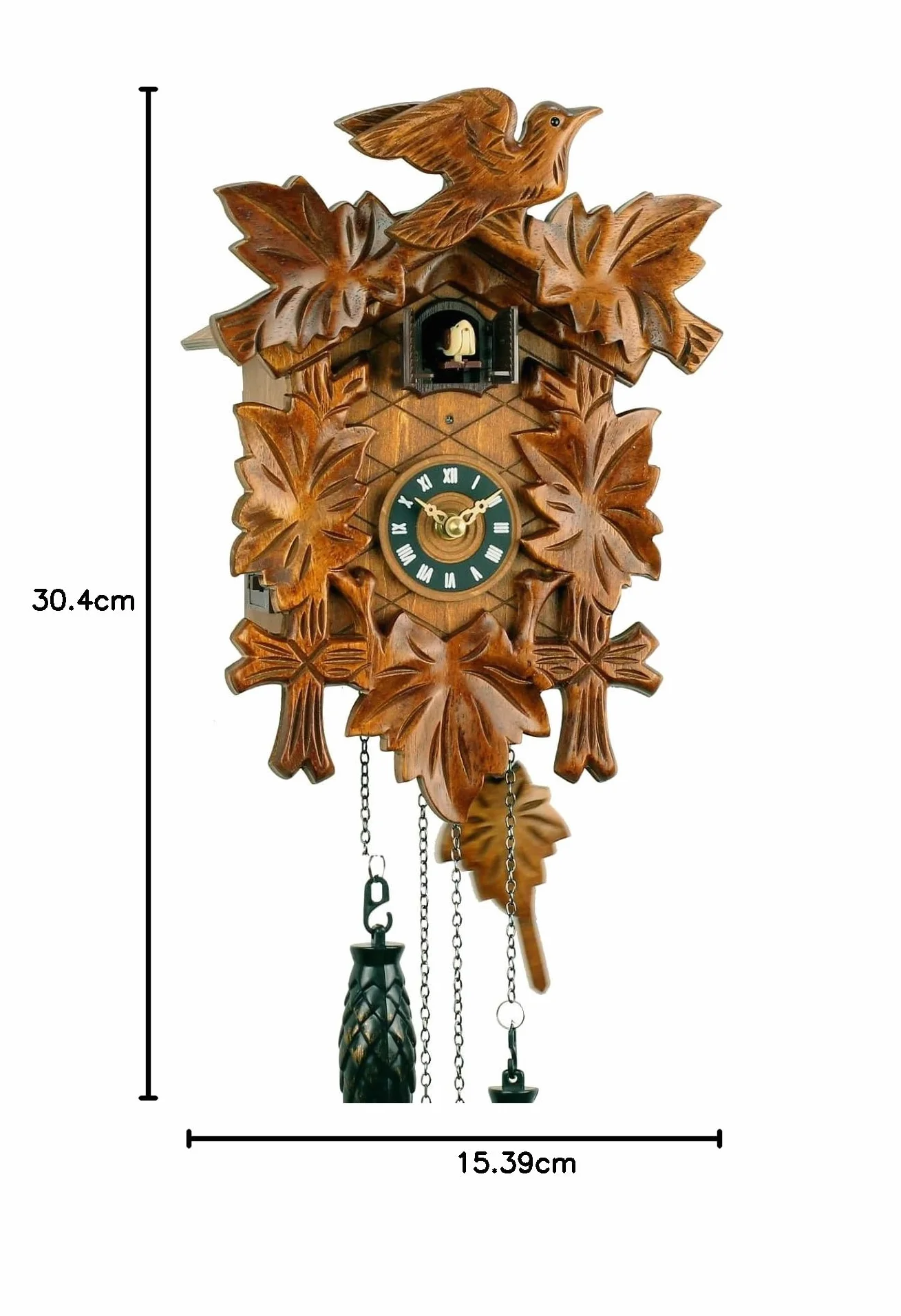 Zegarek kukułczy z Lasu Czarnego wykonany z prawdziwego drewna, z mechanizmem kwarcowym zasilanym baterią, z kukułką i mechanizmem muzycznym, 30 cm, zdobiony pięcioma liśćmi, od Uhren-Park Eble