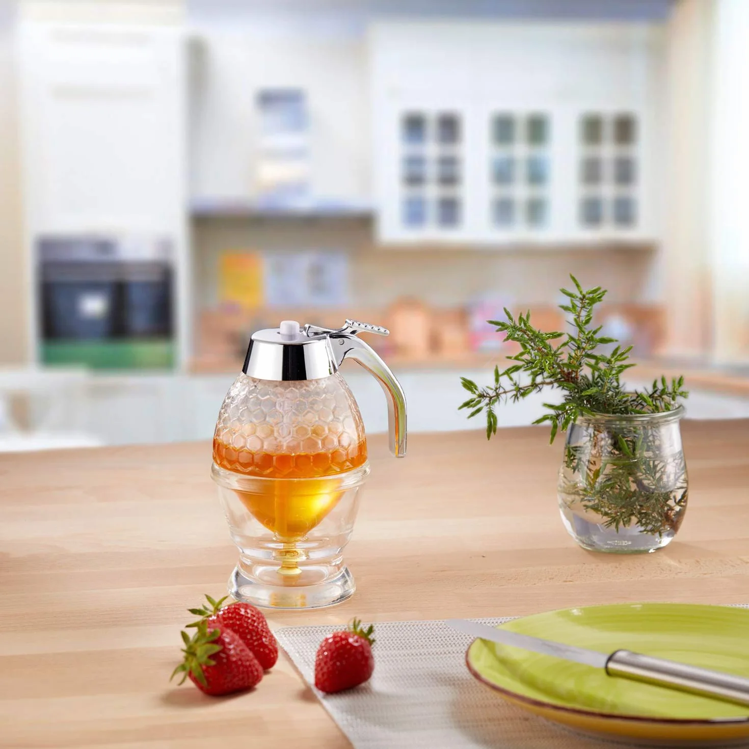 Westmark Dozownik do miodu 200 ml, Szkło/Tworzywo sztuczne, Wzór plastra miodu, Przezroczysty/Srebrny