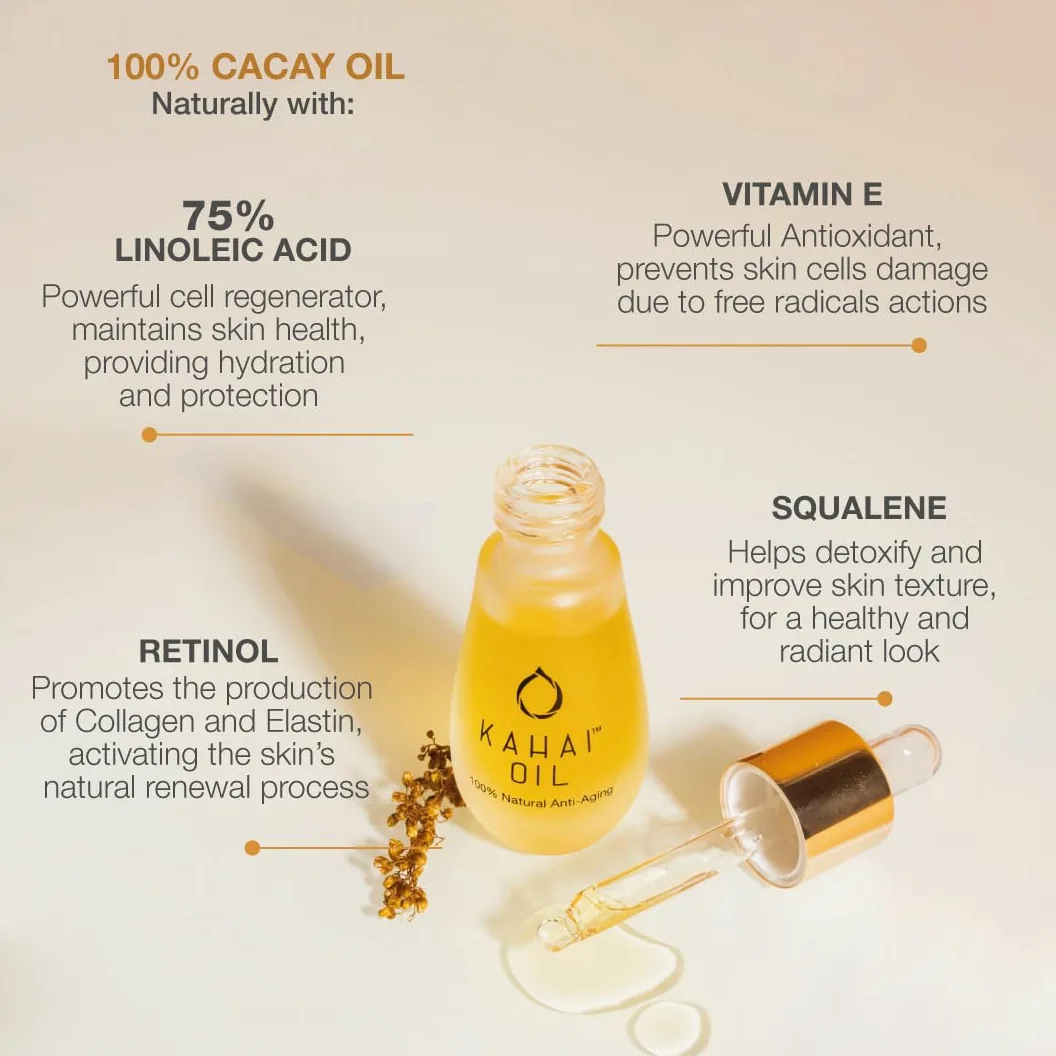 Kahai Olejek – 15 ml – 100% naturalny olejek do twarzy zapobiegający starzeniu się skóry – bogaty w naturalną witaminę E, retinol i kwas linolowy – nawilżający – nadaje skórze promienny blask, bez