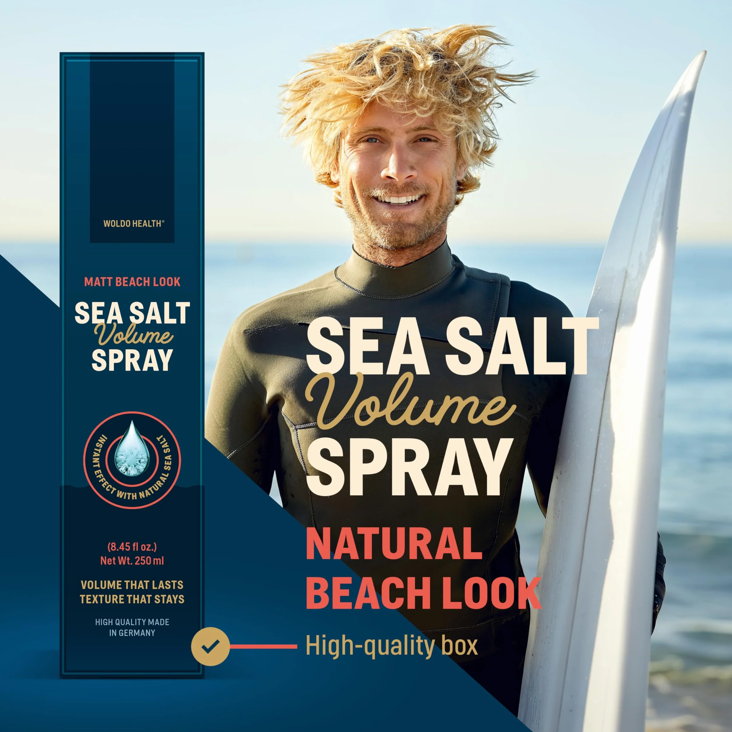 WoldoHealth Sea Salt Spray 250ml – Dla większej objętości i tekstury, matowy beach look, nie skleja, subtelny zapach unisex, do włosów cienkich, krótkich i długich