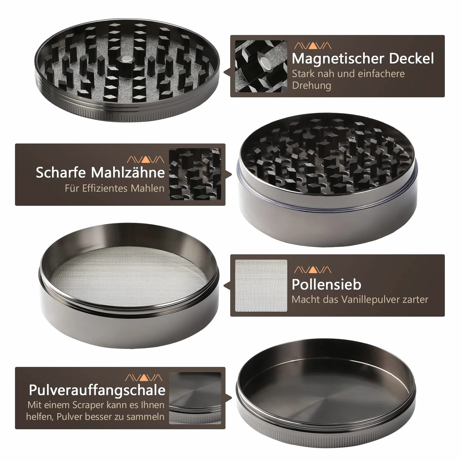 Bäcker & Lecker Młynek do ziół o wielkości 75 mm, do suszonych ziół, przypraw, ze stopu cynku, 4-częściowy zestaw ze skrobaka do pyłków, nikiel czarny
