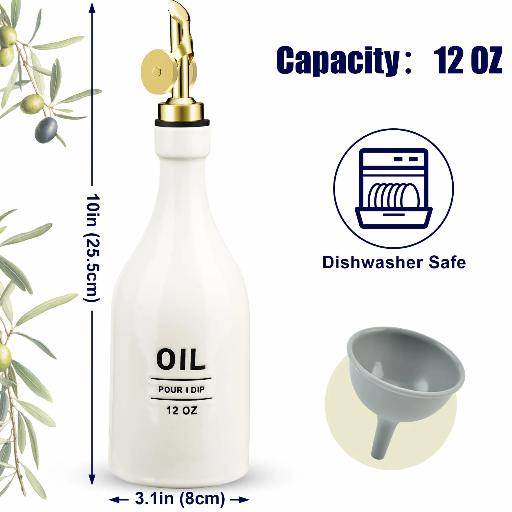 NiHome ceramiczna butelka na olej 350 ml, dozownik octu i oleju, z automatycznym nalewaniem, do mycia w zmywarce, odporna na promieniowanie UV