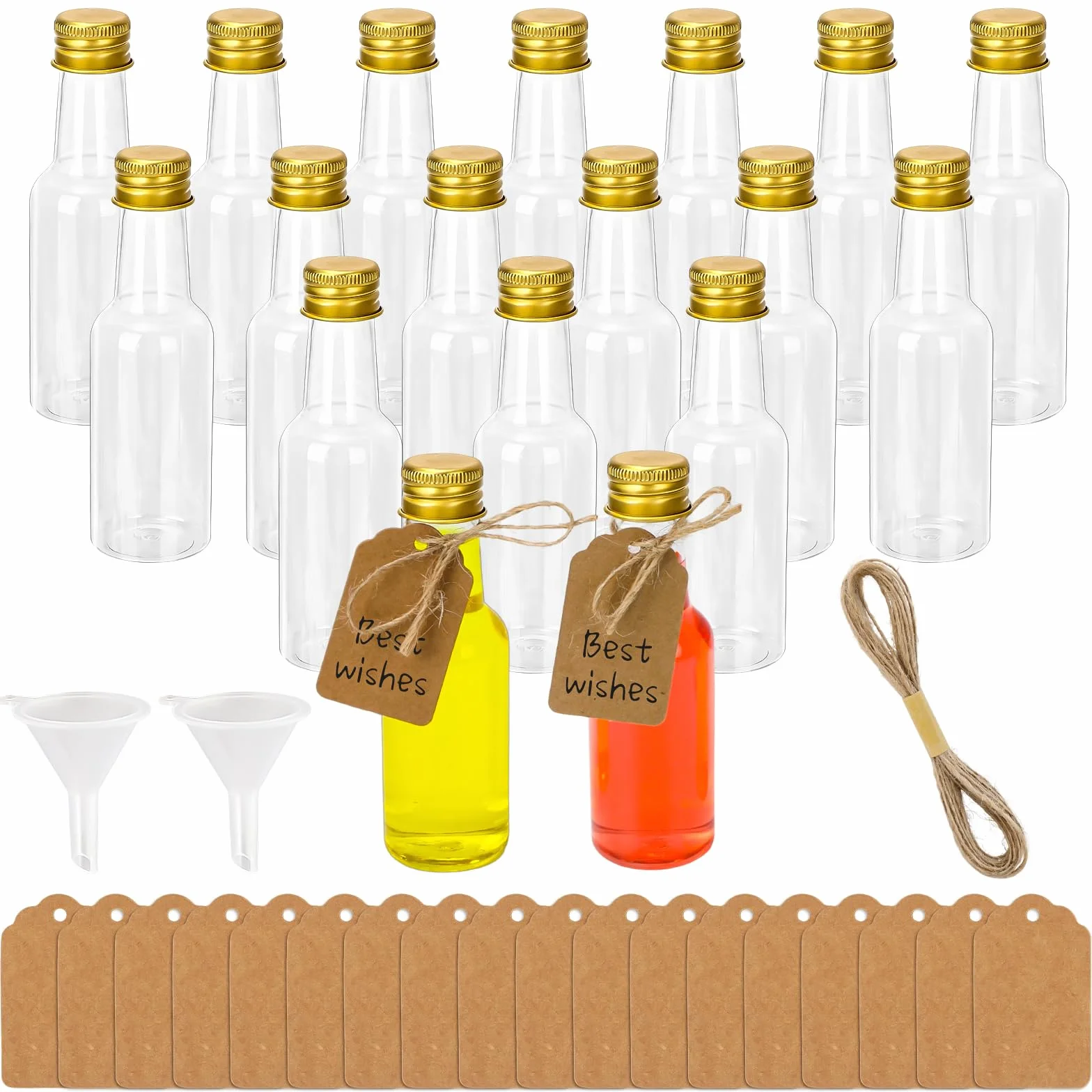 Mini butelki z tworzywa sztucznego 50 ml zestaw 18 sztuk z lejkami etykietami i sznurkiem