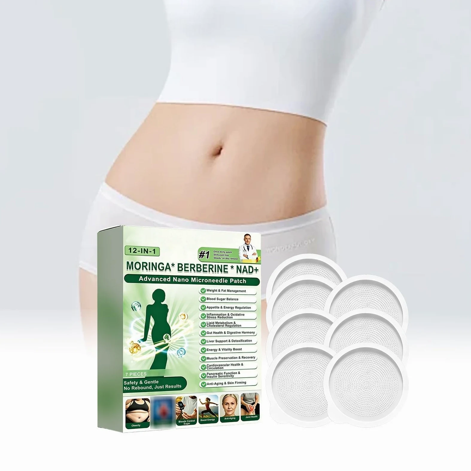 Moringa x Berberine 12 w 1, plaster odchudzający Nano Microneedle | Nano Microneedling niewidoczny - płaski brzuch łatwy w aplikacji, niewidoczny pod ubraniem, idealny dla mężczyzn