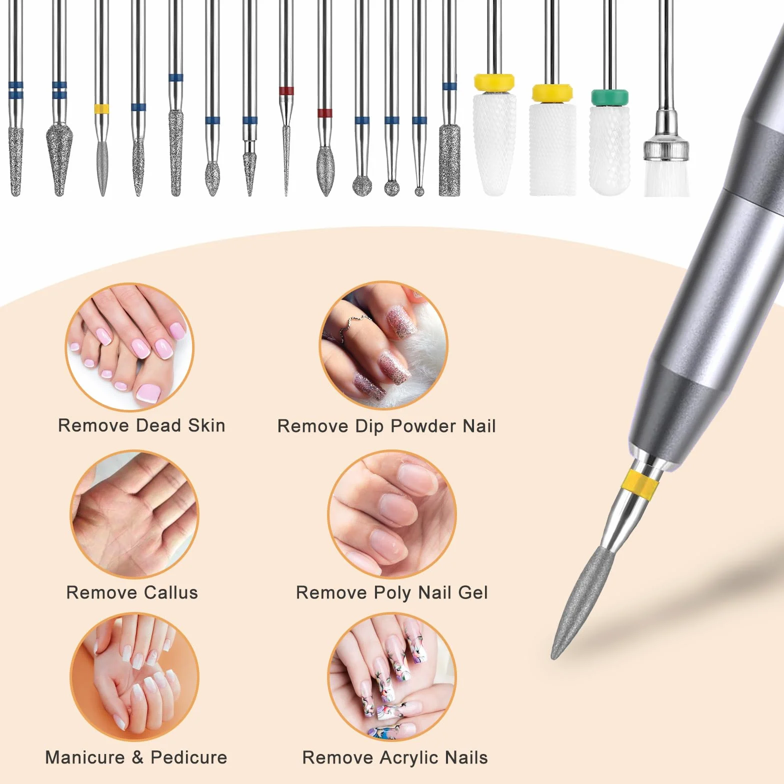 Sibba 17-częściowy zestaw wierteł do paznokci 3/32" 2,35 mm do usuwania skórek paznokci, frez do paznokci, frez do skórek, frez do skórek, do manicure, pedicure, akrylu, głowice szlifierskie