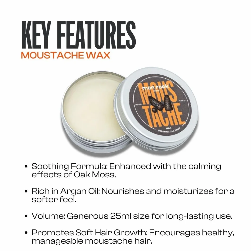 Men Rock Soothing Moustache Wax, Perfect to Shape, Style and Tame Unruly Hairs, Promotes Softer Hair Growth, Enriched with Argan Oil to Moisturise Skin, Fresh and Earthy Oak Moss Fragrance 25ml