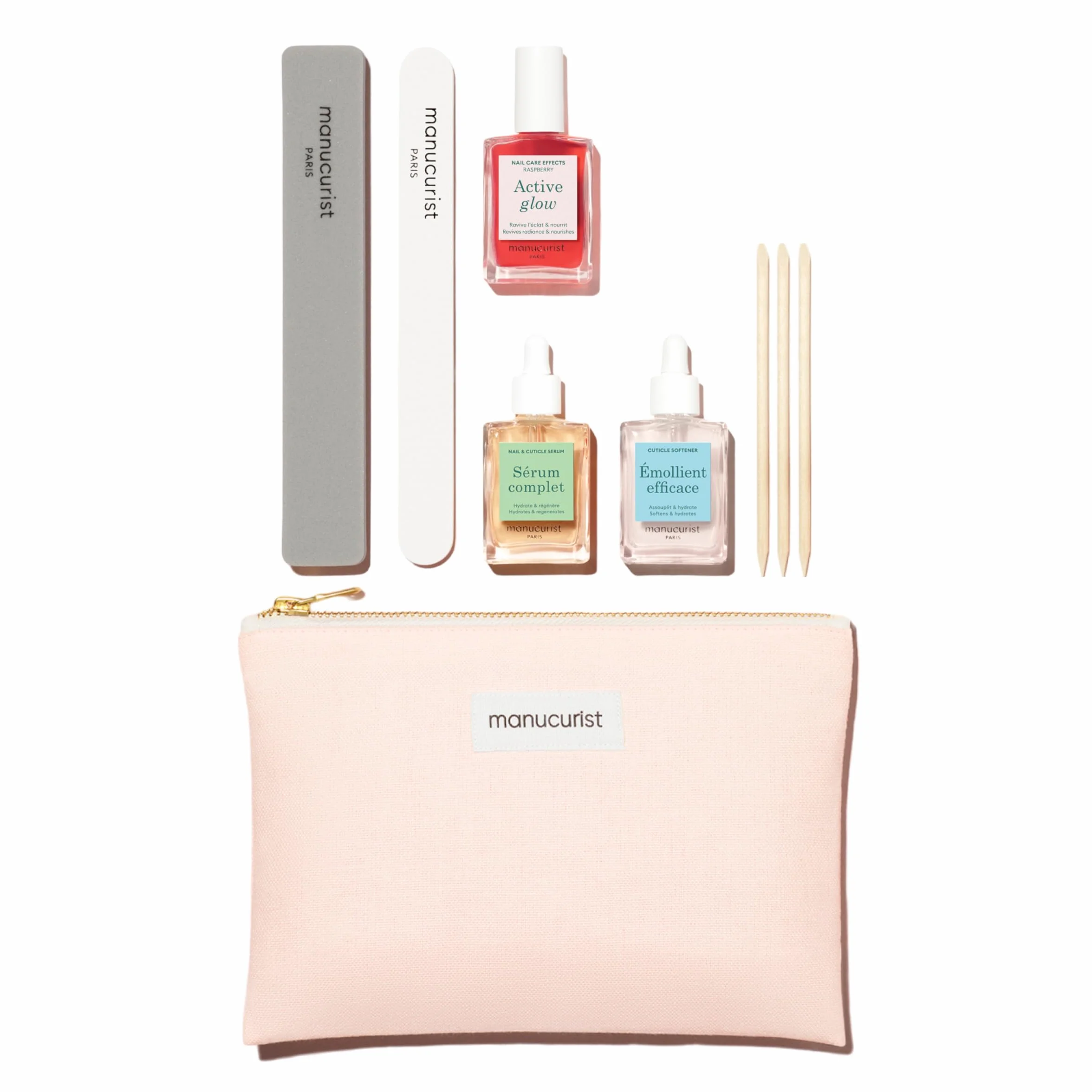 Manucurist Active Glow Zestaw do manicure, profesjonalny, wegański, wyprodukowany we Francji, 1 pilnik, 1 bufor, 1 przyrząd do skórek, 3 łopatki do skórek, 1 Active Glow, 1 kompletne serum, prezent