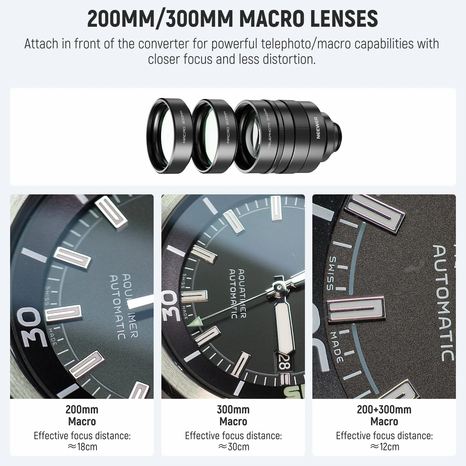 NEEWER 2 x konwerter z obiektywami makro 200 mm i 300 mm do aparatu telefonu, teleobiektywu, 7 elementów w 5 grupach, gwint 17 mm, kompatybilny z iPhone Android, Samsung, Xiaomi, LS-79