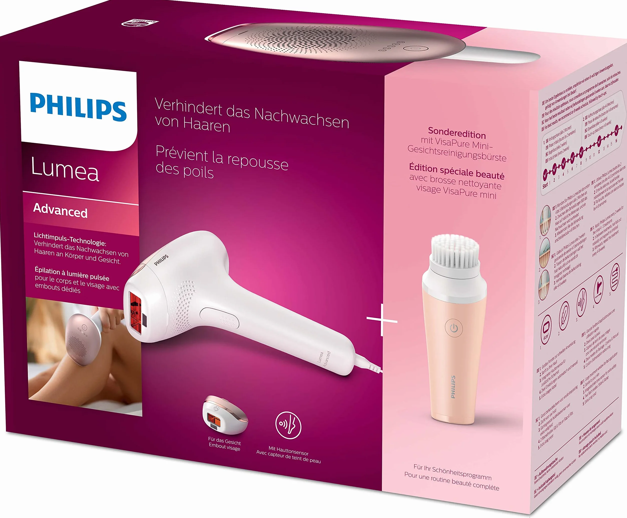 Philips Lumea Zaawansowane urządzenie do usuwania włosów IPL z 2 nasadkami do twarzy i ciała z mini szczoteczką do oczyszczania twarzy VisaPure - BRI922/00