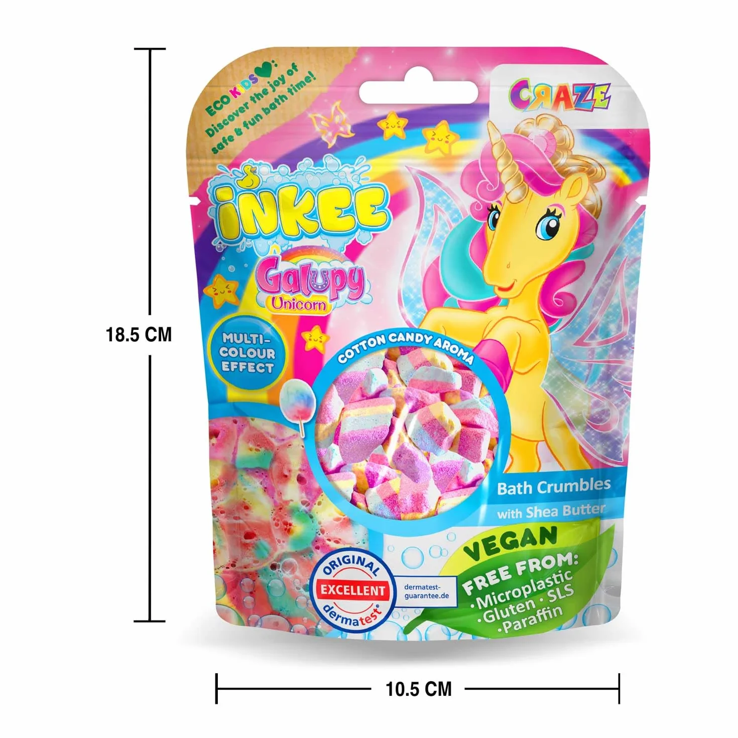 INKEE Posypka do Kąpieli Galupy Unicorn | 100g Soli do Kąpieli dla Dzieci z 4 Warstwami Kolorów – z Aromatem Waty Cukrowej i Masłem Kakaowym