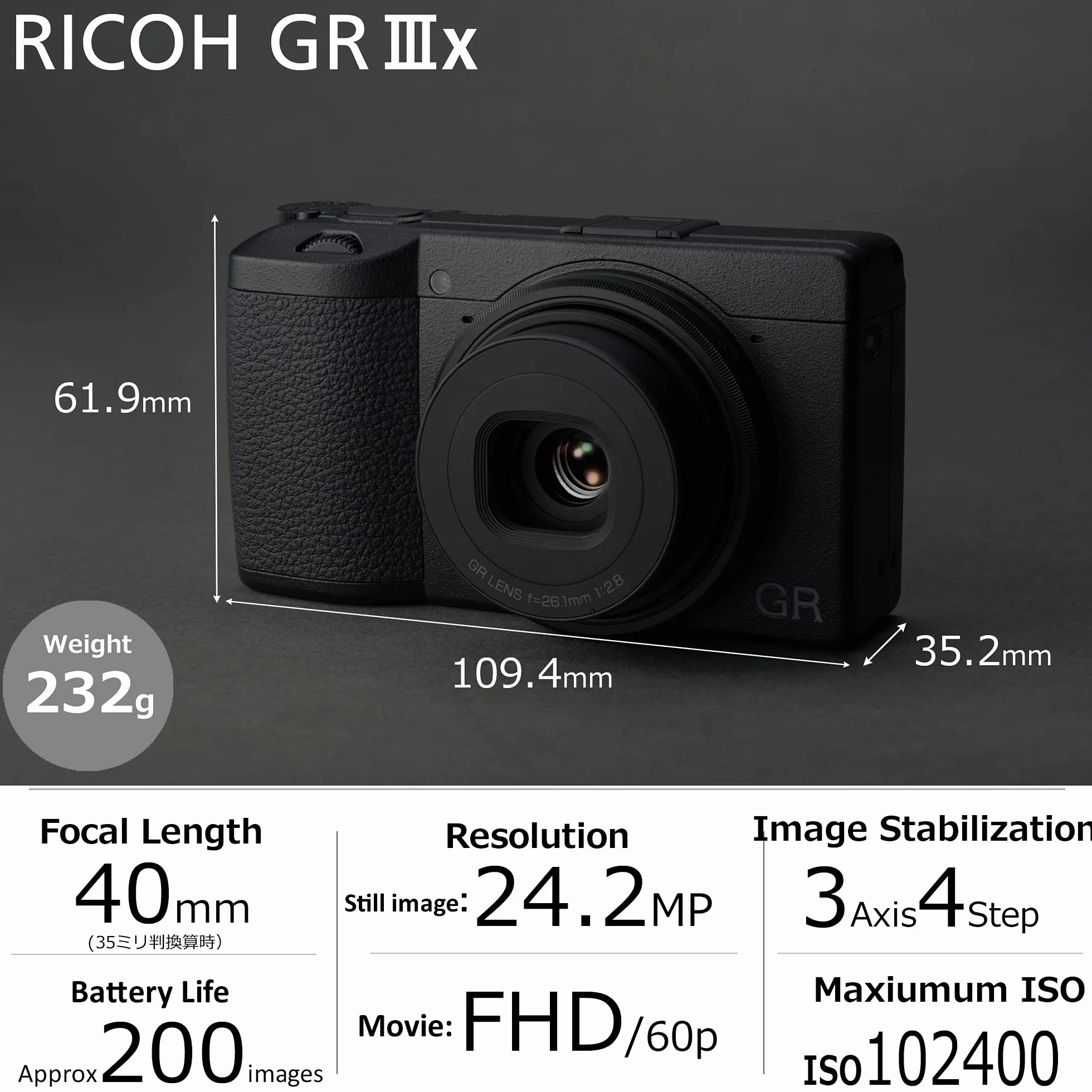 Ricoh Aparat cyfrowy GR IIIx [ogniskowa 40 mm] [Wyposażony w duży czujnik CMOS o rozmiarze 24,2 m APS-C ] [Najlepsza kamera z migawką] [Szybkie uruchamianie w około 0,8 sekundy] [Hybrydowy AF]